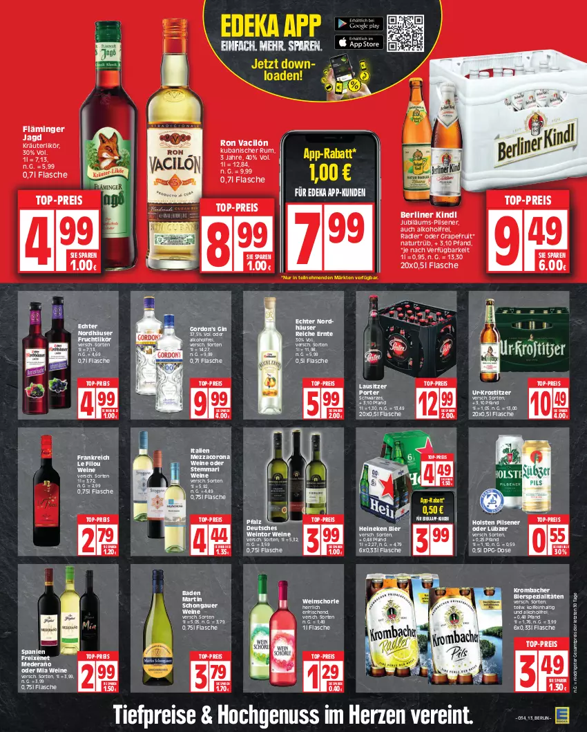 Aktueller Prospekt Edeka - Angebote der Woche - von 21.08 bis 26.08.2023 - strona 13 - produkty: alkohol, auer, Bad, berliner, berliner kindl, bier, bierspezialitäten, corona, deka, eis, flasche, freixenet, frucht, gin, gordon, grapefruit, heineken, holsten, holsten pilsener, Jubiläums, kräuter, kräuterlikör, krombache, krombacher, likör, Lübzer, mezzacorona, natur, nuss, pils, pilsener, radler, reis, rum, schorle, Spezi, Ti, tiefpreis, top-preis, wein, weine, weinschorle, ZTE