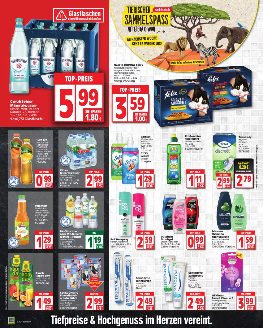 Aktueller Prospekt Edeka - Angebote der Woche - von 21.08 bis 26.08.2023 - strona 14 - produkty: alleinfuttermittel, Alwa, beutel, bio, bürste, creme, deka, deo, deospray, duschdas, duschgel, einwegrasierer, eis, felix, flasche, frucht, fruchtsaft, fruchtsäfte, fuze tea, gerolsteine, gerolsteiner, geschirr, geschirrspülmittel, glasflasche, handschuhe, Happy Day, limo, mineralwasser, Mineralwasser Classic, natur, Nektar, nestlé, nuss, portionsbeutel, purina, rasierer, Rauch, reis, rel, Ria, saft, säfte, schauma, schauma shampoo, schuhe, sensodyne, shampoo, shampoo oder spülung, Softlan, spülmittel, spülung, steiner, tee, Tena Lady, Ti, tiefpreis, top-preis, valensina, vitrex, wasser, weichspüler, wilkinson, zahnbürste, zahncreme, ZTE