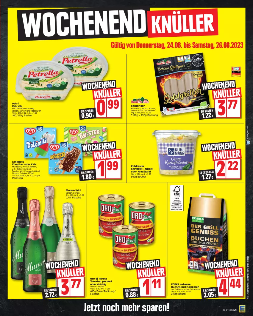 Aktueller Prospekt Edeka - Angebote der Woche - von 21.08 bis 26.08.2023 - strona 15 - produkty: Apple, Becher, beutel, bratwurst, buch, deka, eis, flasche, frischkäse, frischkäsezubereitung, für grill und pfanne, gin, grill, grill und pfanne, grillholzkohle, Holz, holzkohle, ideal für grill, ideal für grill und pfanne, kartoffel, Käse, Kraut, krautsalat, kühlmann, langnese, LG, mumm, nogger, nudel, nuss, oro di parma, petrella, pfanne, reis, rel, salat, sekt, Ti, tomate, tomaten, Tomaten Passiert, und pfanne, wurst, ZTE