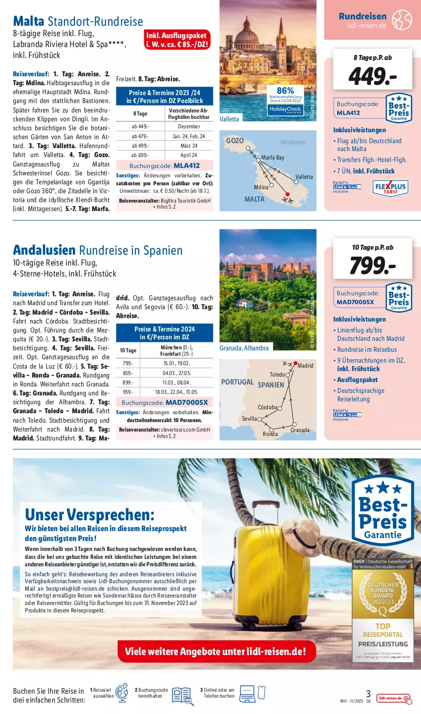 Aktueller Prospekt Lidl - November Reise-Highlights - von 30.10 bis 30.11.2023 - strona 3 - produkty: angebot, angebote, asti, bestpreis, Brei, buch, dell, eis, Elan, elle, erde, grana, inklusivleistungen, labranda, LG, mam, pool, pril, Rana, reis, reiseveranstalter, reiseverlauf, Ria, telefon, Ti, tisch, valletta, Weste