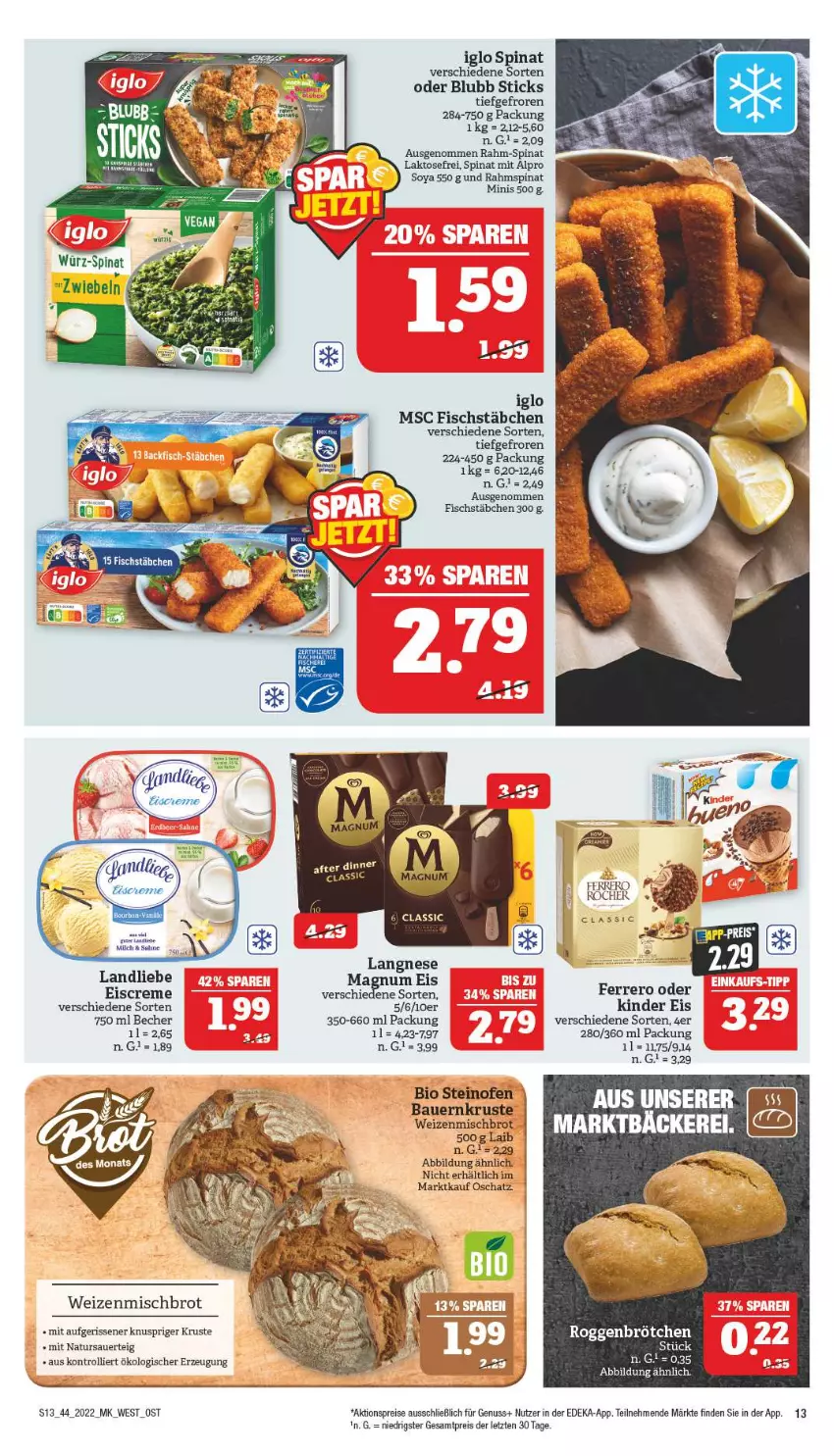 Aktueller Prospekt Marktkauf - Prospekt - von 31.10 bis 05.11.2022 - strona 17 - produkty: aktionspreis, alpro, auer, Bau, Bauer, Becher, bio, brot, brötchen, creme, deka, eis, eiscreme, ferrero, fisch, fischstäbchen, iglo, Kinder, landliebe, langnese, magnum, natur, nuss, Ofen, rahm-spinat, reis, roggenbrötchen, soya, spinat, steinofen, Ti, trolli, weizenmischbrot, ZTE, zwiebel, zwiebeln