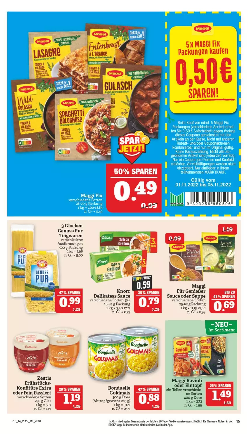 Aktueller Prospekt Marktkauf - Prospekt - von 31.10 bis 05.11.2022 - strona 19 - produkty: aktionspreis, bonduelle, deka, delikatess sauce, eintopf, eis, elle, Goldmais, knorr, konfitüre, konfitüre extra, maggi, mais, nuss, ravioli, reis, sauce, suppe, teigwaren, teller, Ti, tomate, tomaten, topf, zentis, ZTE