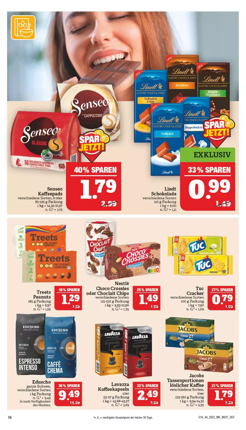 Aktueller Prospekt Marktkauf - Prospekt - von 31.10 bis 05.11.2022 - strona 20 - produkty: bohne, bohnen, chips, choclait chips, choco crossies, cracker, crossies, eduscho, eis, gin, jacobs, kaffee, kaffeekapseln, kaffeepads, lavazza, lindt, löslicher kaffee, milch, reis, schoko, schokolade, senseo, tasse, Ti, tuc, ZTE