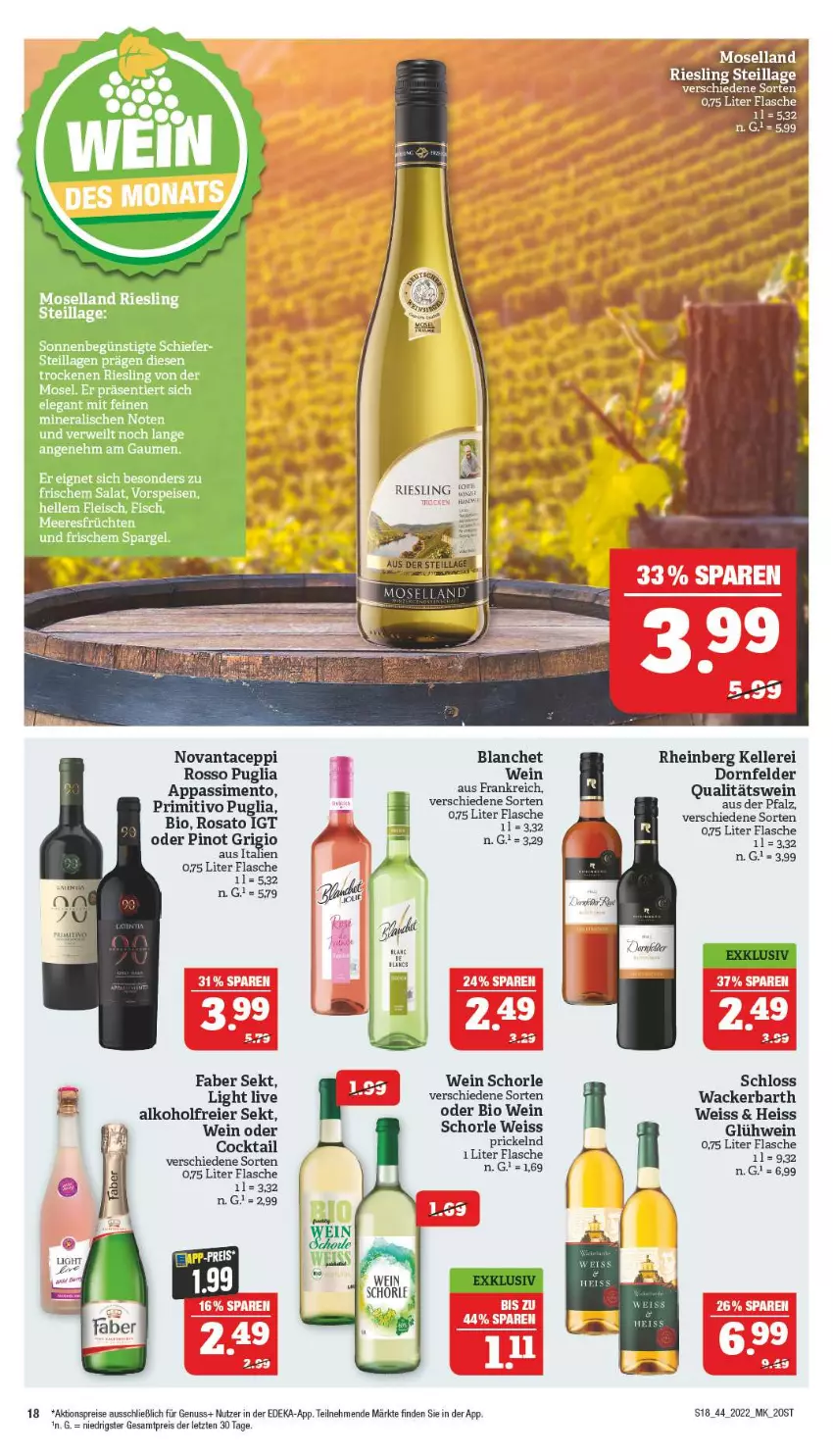 Aktueller Prospekt Marktkauf - Prospekt - von 31.10 bis 05.11.2022 - strona 22 - produkty: aktionspreis, alkohol, bio, cocktail, deka, dornfelder, eier, eis, elle, flasche, früchte, früchten, Glühwein, meeresfrüchte, moselland, nuss, Pinot, pinot grigio, primitivo, qualitätswein, reis, riesling, rosato, rwe, salat, schorle, sekt, sim, spargel, Ti, vorspeise, wein, ZTE