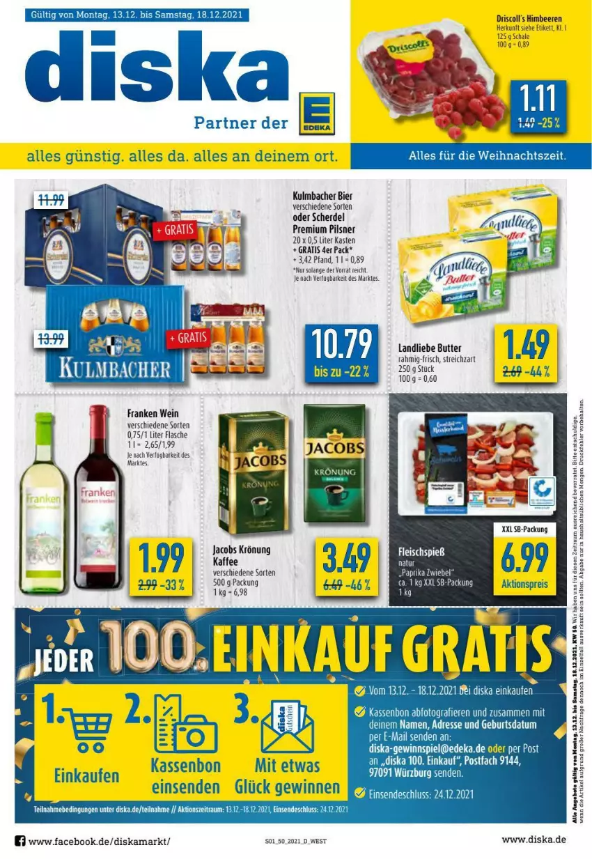 Aktueller Prospekt Diska - Prospekte - von 13.12 bis 18.12.2021 - strona 1 - produkty: aktionspreis, angebot, angebote, beere, beeren, bier, eis, erde, flasche, himbeer, himbeere, himbeeren, jacobs, jacobs krönung, kaffee, paprika, pils, pilsner, premium pils, reis, Schal, Schale, Streichzart, tee, Ti, wein, zwiebel