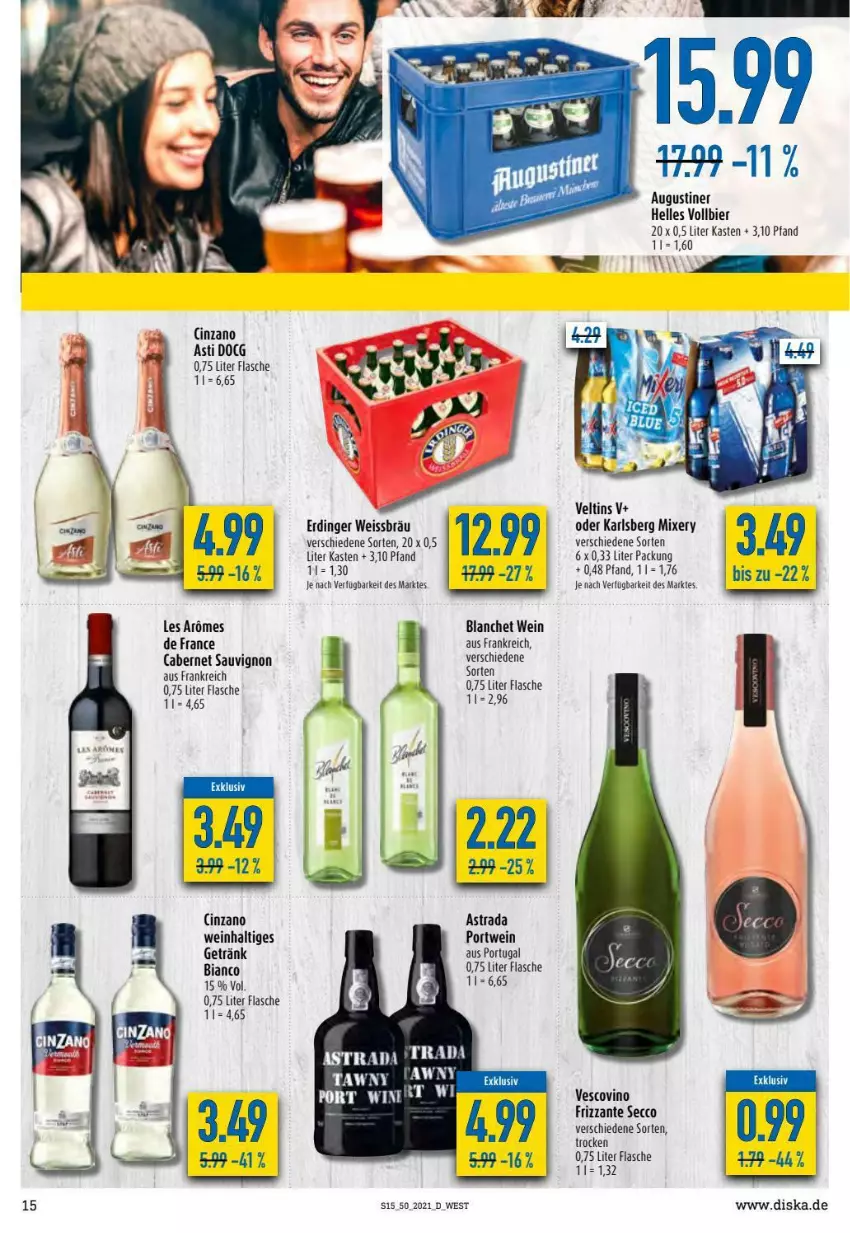 Aktueller Prospekt Diska - Prospekte - von 13.12 bis 18.12.2021 - strona 15 - produkty: asti, Astra, bier, cabernet, cabernet sauvignon, ecco, eis, elle, erdinger, flasche, frizzante, getränk, karlsberg, karlsberg mixery, Mixer, mixery, Portwein, sauvignon, Ti, veltins, vescovino, wein