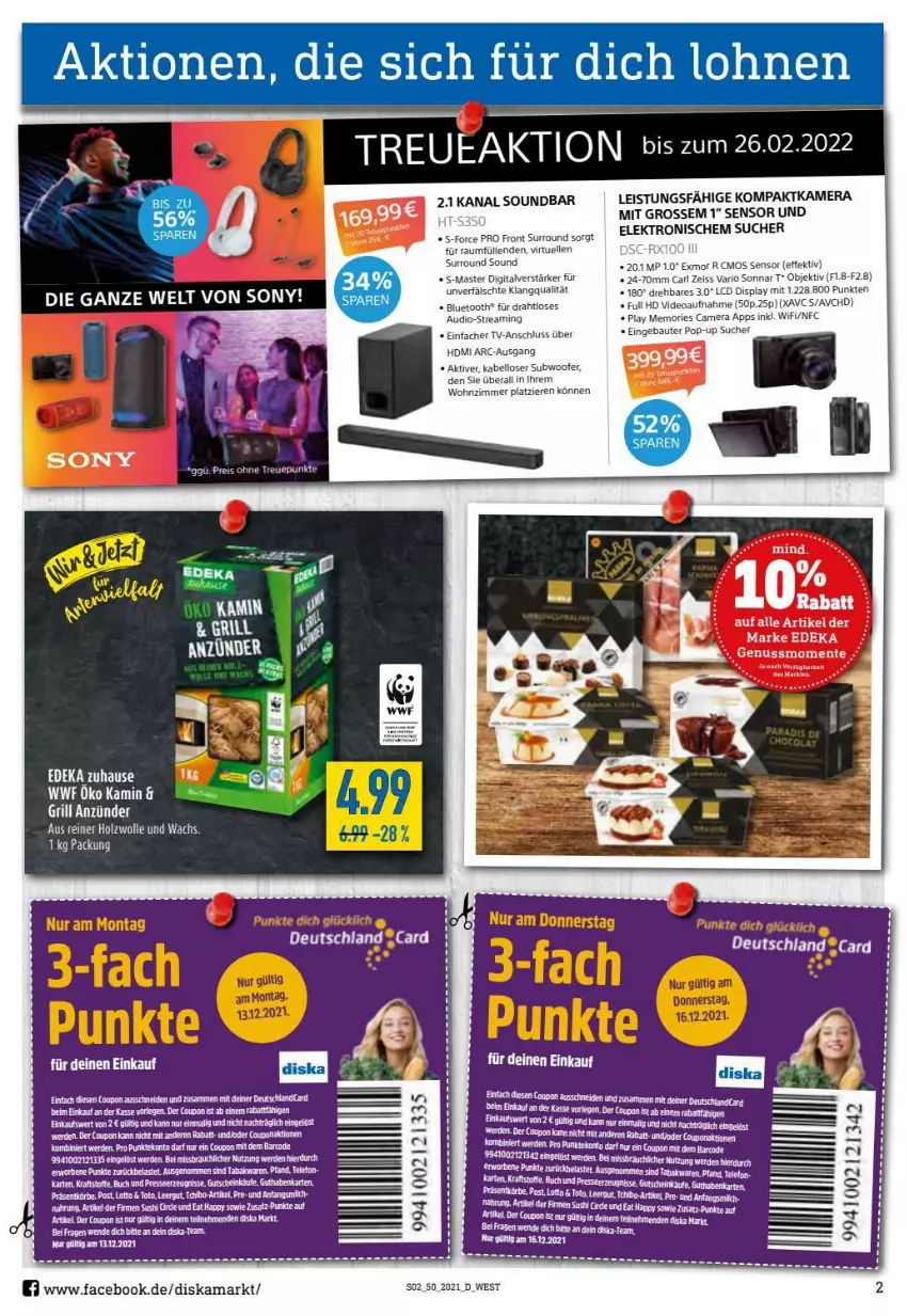 Aktueller Prospekt Diska - Prospekte - von 13.12 bis 18.12.2021 - strona 2 - produkty: Bau, buch, coupon, deka, deo, deutschlandcard, Draht, eis, Elektro, elle, ente, erde, guthabenkarte, gutschein, HDMI, kamera, Kamin, kraft, LG, nuss, reis, sac, sony, Subwoofer, Tchibo, tee, telefon, Ti, Tiere