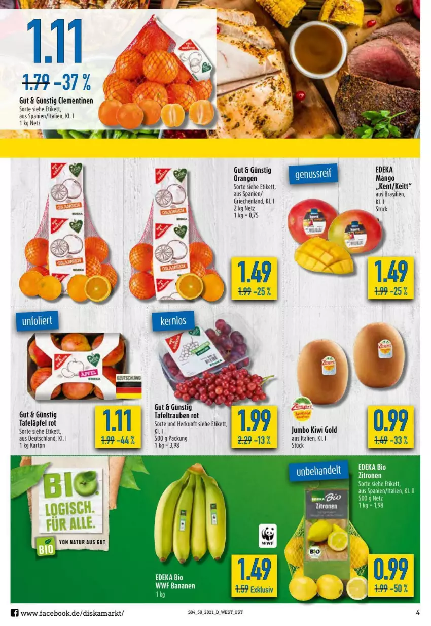 Aktueller Prospekt Diska - Prospekte - von 13.12 bis 18.12.2021 - strona 4 - produkty: banane, bananen, clementinen, deka, jumbo, kiwi, Kiwi Gold, mango, natur, orange, orangen, tafeläpfel, tafeltrauben, Ti, trauben