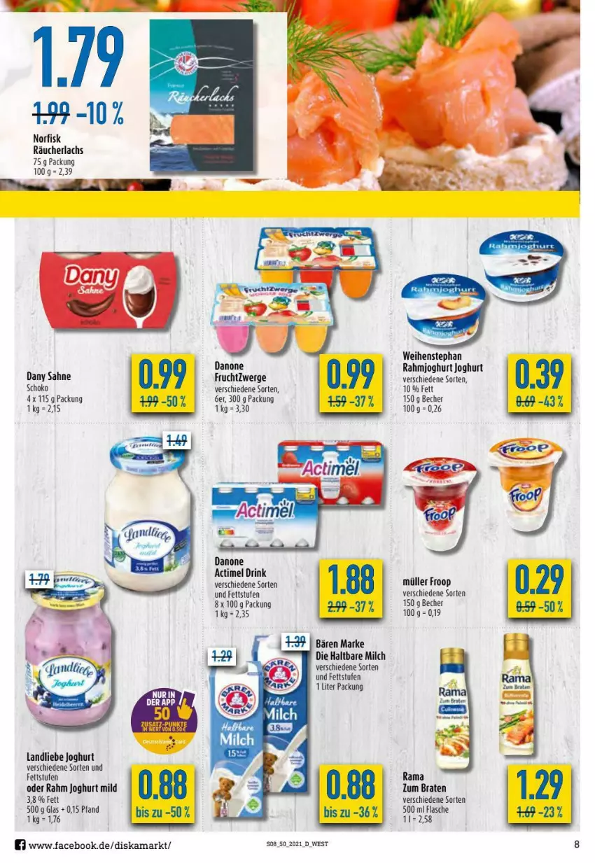 Aktueller Prospekt Diska - Prospekte - von 13.12 bis 18.12.2021 - strona 8 - produkty: actimel, actimel drink, Becher, braten, danone, danone fruchtzwerge, Dany, dany sahne, drink, flasche, froop, frucht, fruchtzwerge, haltbare milch, joghur, joghurt, joghurt mild, lachs, landliebe, landliebe joghurt, milch, Müller, müller froop, rahmjoghurt, Räucherlachs, sahne, schoko, Ti, weihenstephan