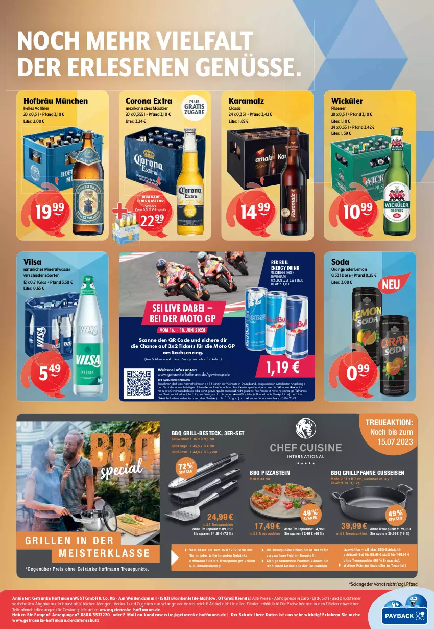 Aktueller Prospekt Getraenke Hoffmann - Prospekte - von 05.06 bis 17.06.2023 - strona 8 - produkty: abholpreise, Alwa, auto, besteck, bier, Brei, bürste, corona, corona extra, drink, edelstahl, eis, elle, energy drink, getränk, getränke, gewinnspiel, grill, Grillpfanne, grillzange, karamalz, mais, malz, Meister, mineralwasser, natürliches mineralwasser, orange, pfanne, pils, pilsener, pizza, rama, red bull, reis, ring, sac, schüssel, Soda, Spiele, Ti, vilsa, wasser, WICK