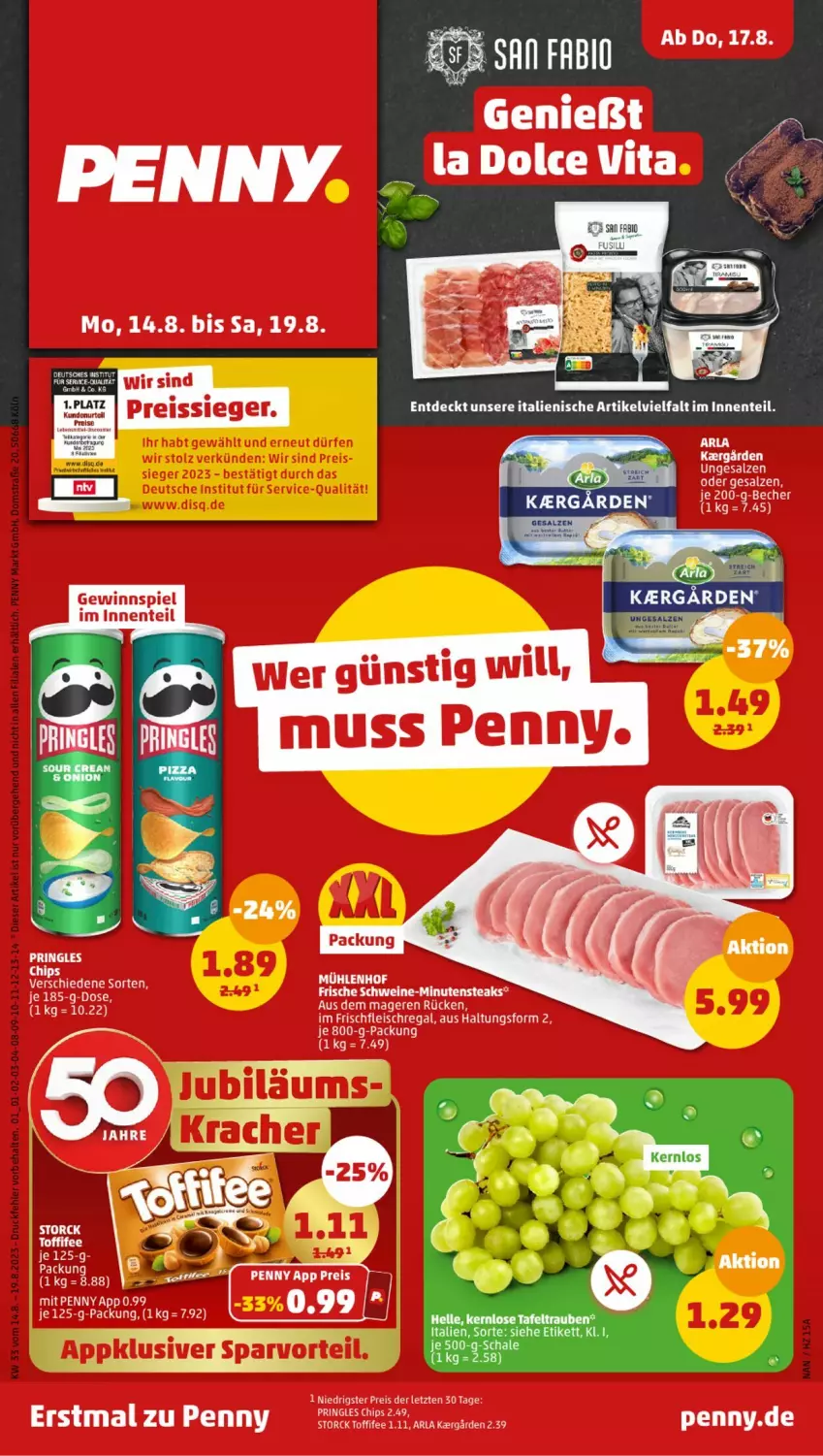 Aktueller Prospekt Penny - Prospekte - von 14.08 bis 19.08.2023 - strona 1 - produkty: Becher, chips, eis, ente, fleisch, gewinnspiel, malz, pringles, regal, reis, reiss, ring, salz, Ti, ZTE