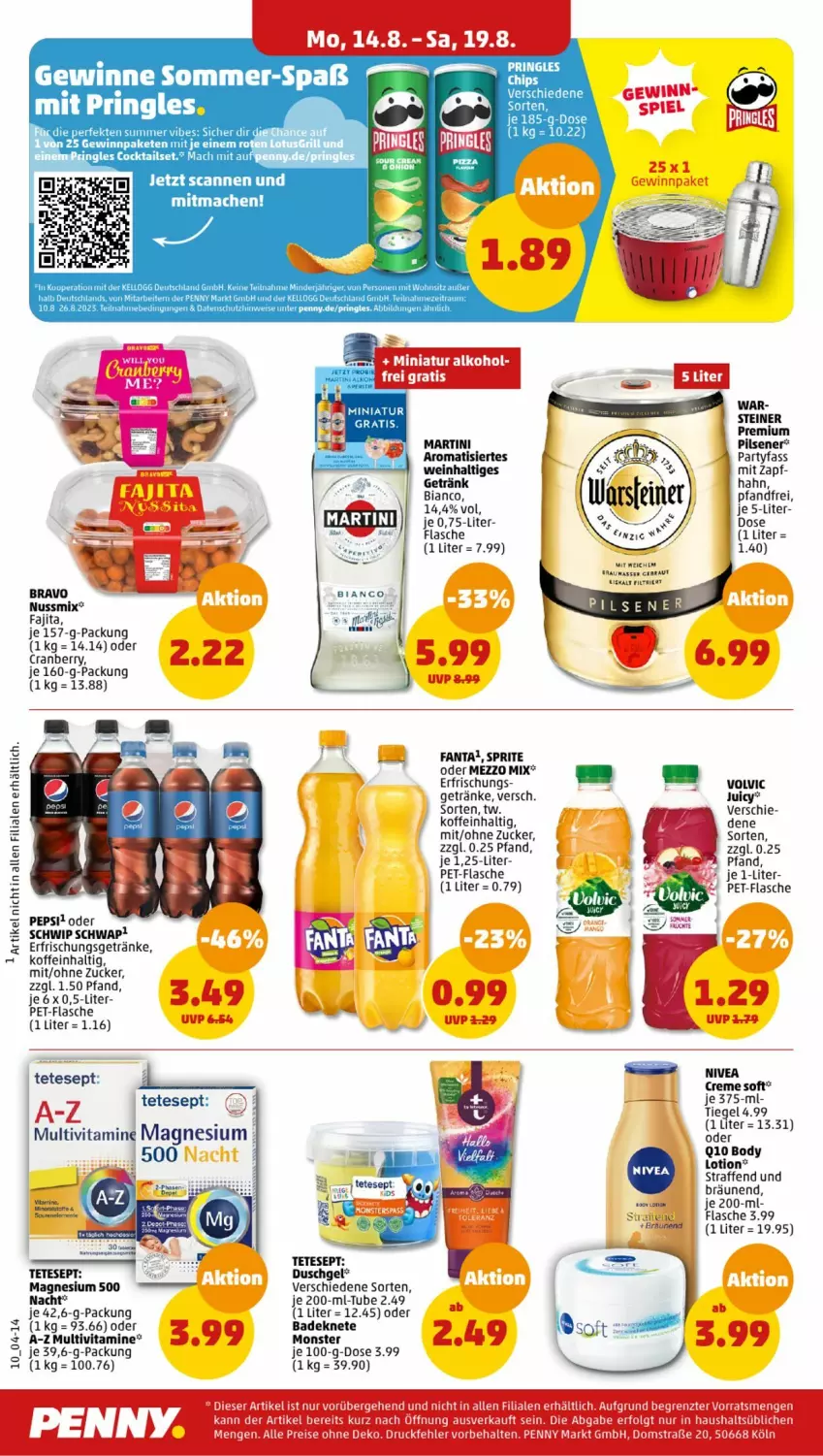 Aktueller Prospekt Penny - Prospekte - von 14.08 bis 19.08.2023 - strona 10 - produkty: Bad, body, body lotion, Bravo, chips, cocktail, cocktails, cranberry, creme, duschgel, eis, erfrischungsgetränk, erfrischungsgetränke, fanta, flasche, getränk, getränke, Lotion, mac, magnesium, martini, Mezzo Mix, monster, nivea, pepsi, pet-flasche, pils, pilsener, premium pils, pringles, ring, Schwip Schwap, sprite, steiner, Ti, vita, Vitamine, volvic, wein, zucker