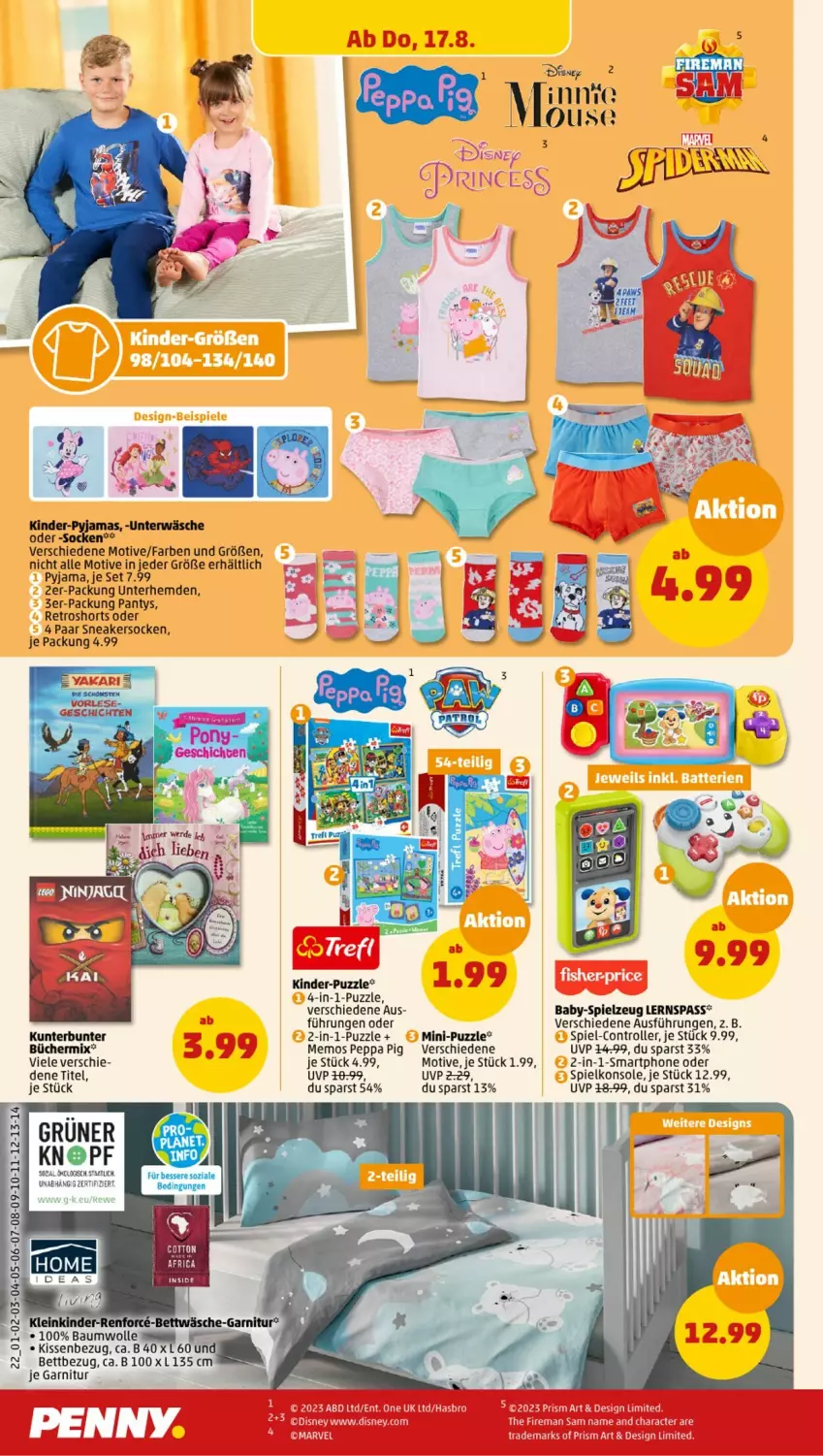 Aktueller Prospekt Penny - Prospekte - von 14.08 bis 19.08.2023 - strona 22 - produkty: Bau, baumwolle, bett, bettwäsche, disney, garnitur, Hasbro, hemd, hemden, Kinder, kissen, Kissenbezug, panty, Puzzle, Pyjama, retroshorts, Roller, shorts, smartphone, sneaker, sneakersocken, socken, Soda, Spielkonsole, spielzeug, Ti, Unterhemd, unterhemden, Unterwäsche, wolle