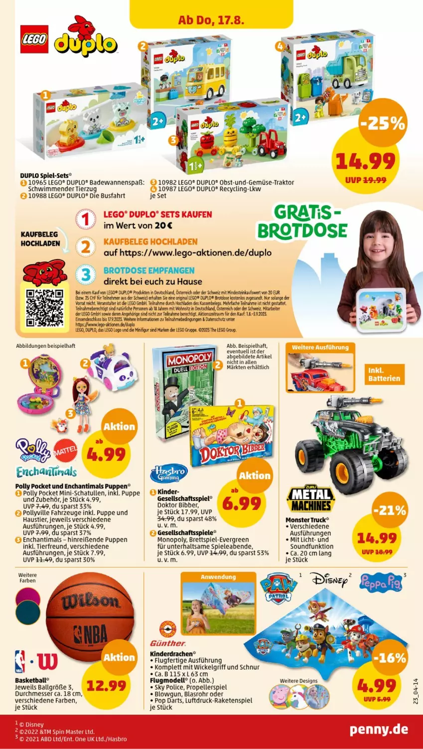 Aktueller Prospekt Penny - Prospekte - von 14.08 bis 19.08.2023 - strona 23 - produkty: aust, Bad, Badewanne, ball, brot, Brotdose, Clin, dell, duplo, elle, Gesellschaftsspiel, gin, Kinder, LEGO®, LG, mac, messer, Mode, monster, Monster Truck, obst, Puppe, Raketen, Spiele, Stier, Ti, Wanne, WICK