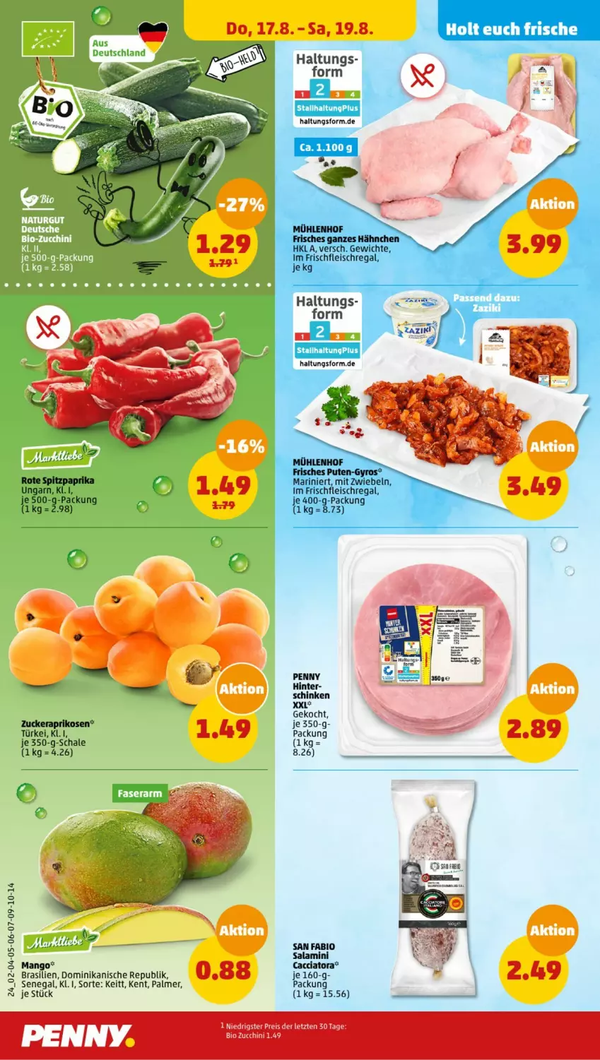 Aktueller Prospekt Penny - Prospekte - von 14.08 bis 19.08.2023 - strona 24 - produkty: ACC, aprikose, aprikosen, bio, eis, fleisch, gyros, mango, mit zwiebeln, paprika, pute, regal, reis, salami, Schal, Schale, schinken, senf, Spitzpaprika, ZTE, zucchini, zucker, zwiebel, zwiebeln