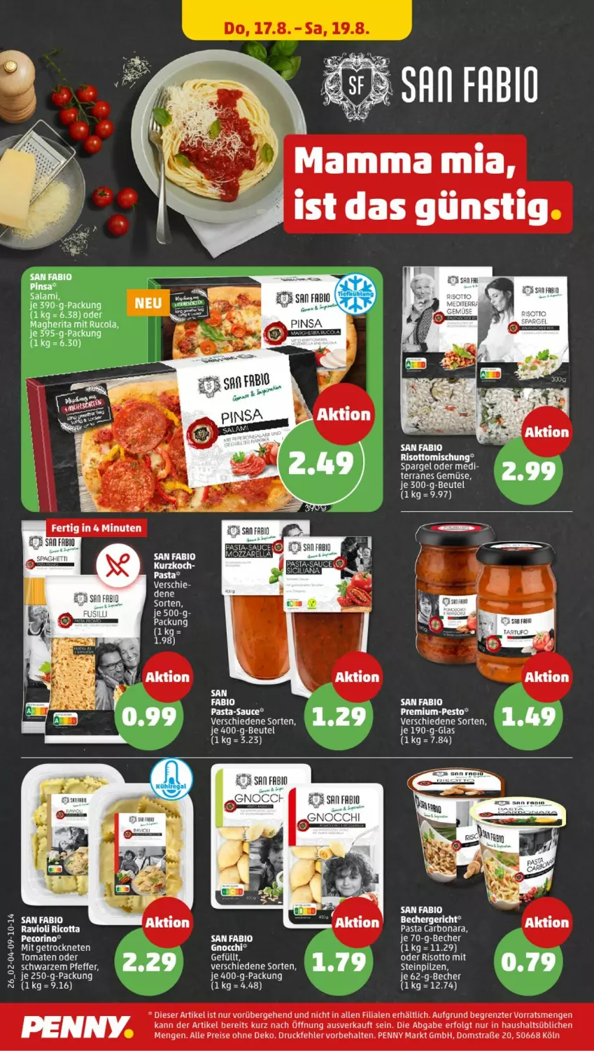 Aktueller Prospekt Penny - Prospekte - von 14.08 bis 19.08.2023 - strona 26 - produkty: Becher, beutel, bio, Bona, cola, eis, gnocchi, je 250-g-packung, LG, pasta, pasta-sauce, pfeffer, ravioli, reis, ricotta, rucola, salami, sauce, spargel, tee, Ti, tomate, tomaten, ZTE