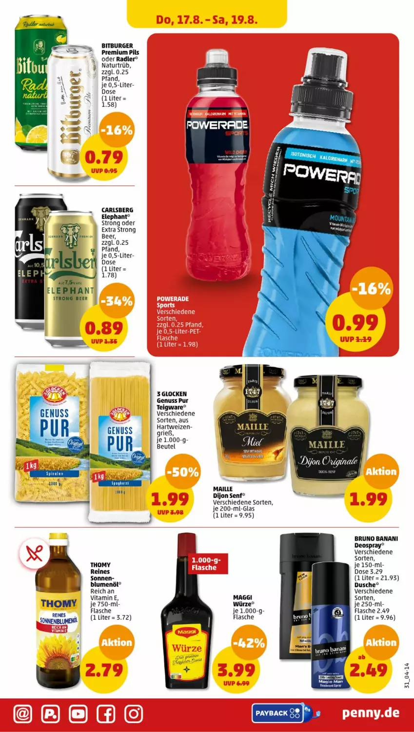 Aktueller Prospekt Penny - Prospekte - von 14.08 bis 19.08.2023 - strona 31 - produkty: beutel, bitburger, blume, blumen, bruno banani, burger, carlsberg, deo, deospray, Dijon Senf, dusche, hartweizen, maggi, maille, natur, nuss, payback, pils, premium pils, radler, senf, thomy, vita, Vitamine