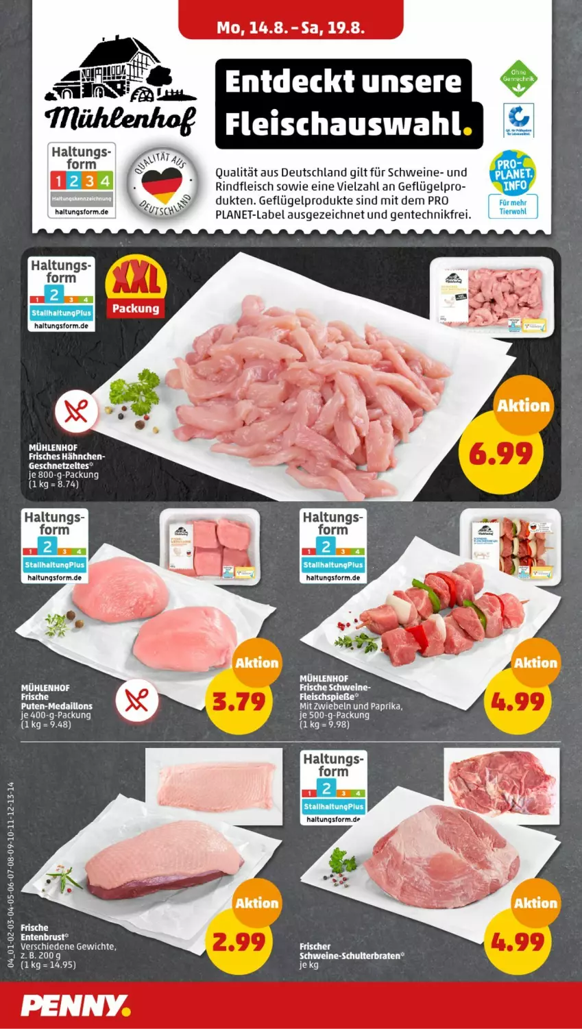 Aktueller Prospekt Penny - Prospekte - von 14.08 bis 19.08.2023 - strona 4 - produkty: auer, braten, eis, elle, ente, Entenbrust, fleisch, Geflügel, geflügelprodukte sind mit dem, geschnetzeltes, medaillons, mit zwiebeln, paprika, pute, rind, rindfleisch, schwein, schweine, Ti, wein, weine, Zelt, zwiebel, zwiebeln