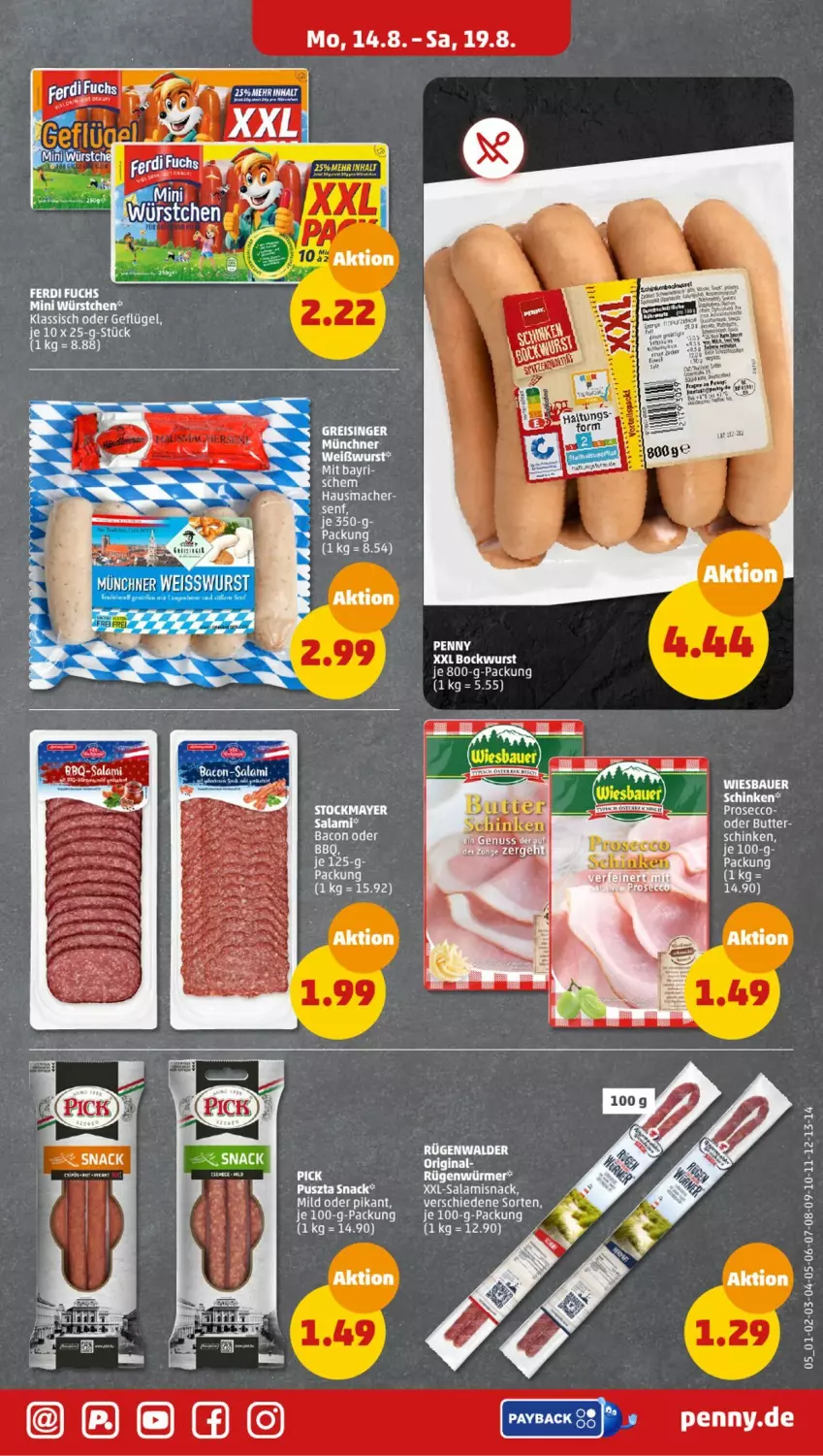 Aktueller Prospekt Penny - Prospekte - von 14.08 bis 19.08.2023 - strona 5 - produkty: auer, bacon, Bau, Bauer, bockwurst, butter, ecco, eis, ferdi fuchs, Geflügel, Hausmacher, mac, prosecco, reis, salami, schinken, snack, Ti, Weißwurst, wiesbauer, wurst, würstchen