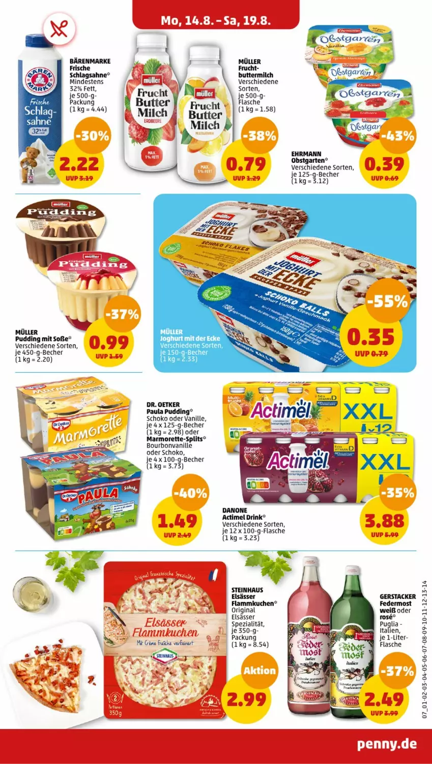 Aktueller Prospekt Penny - Prospekte - von 14.08 bis 19.08.2023 - strona 7 - produkty: actimel, actimel drink, Becher, bourbon, bourbonvanille, butter, buttermilch, danone, danone actimel drink, Dr. Oetker, drink, ehrmann, flammkuchen, flasche, frucht, Garten, gin, joghur, joghurt, joghurt mit der ecke, kuchen, lamm, marmorette, milch, Müller, obst, obstgarten, Paula, paula pudding, pudding, sahne, schlagsahne, schoko, Soße, Spezi, steinhaus, tee, Ti, vanille