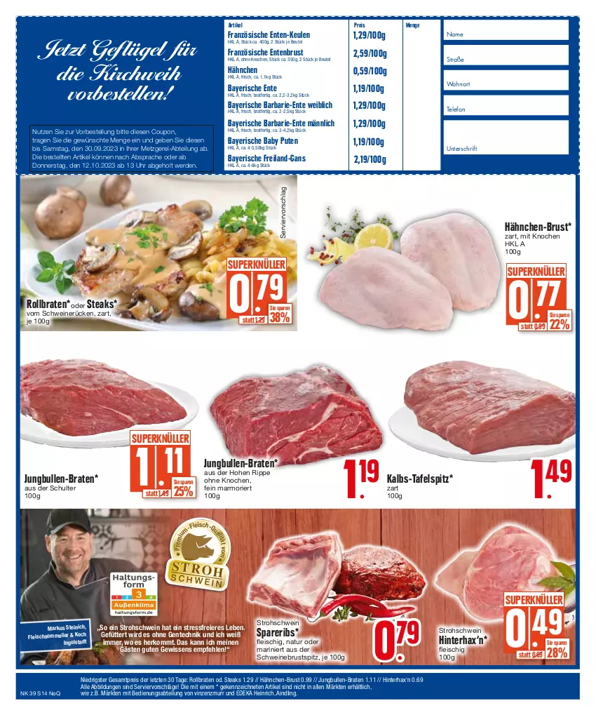 Aktueller Prospekt E Center - Angebote der Woche - von 25.09 bis 30.09.2023 - strona 14 - produkty: Abtei, beutel, braten, coupon, deka, eier, eis, elle, ente, Entenbrust, erde, fleisch, fleischsommelier, Geflügel, jungbullen, natur, pute, reis, rollbraten, schwein, schweine, schweinerücken, spareribs, steak, steaks, tafelspitz, telefon, Ti, uhr, wein, weine, ZTE