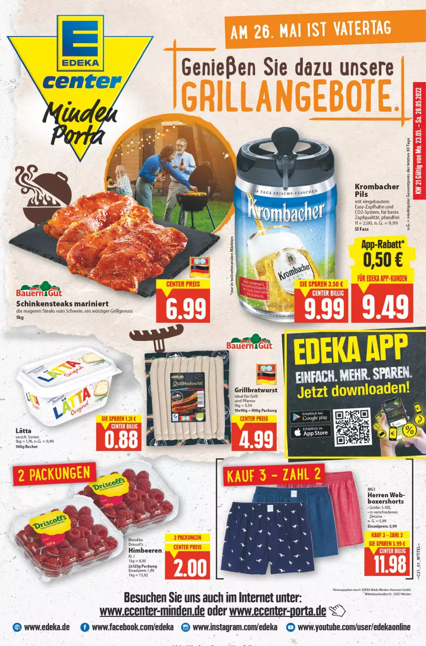 Aktueller Prospekt E Center - Angebote der Woche - von 23.05 bis 28.05.2022 - strona 1 - produkty: Bau, Becher, beere, beeren, bratwurst, deka, eis, ente, für grill und pfanne, grill, grill und pfanne, grillbratwurst, himbeer, himbeere, himbeeren, ideal für grill, ideal für grill und pfanne, krombache, krombacher, krombacher pils, lätta, LG, nuss, pfanne, pils, reis, schinken, Schinkensteak, schwein, shorts, steak, steaks, Ti, und pfanne, wein, wurst, Yo, ZTE