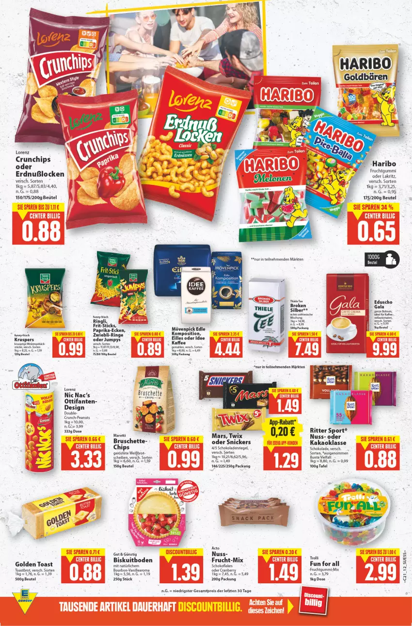 Aktueller Prospekt E Center - Angebote der Woche - von 23.05 bis 28.05.2022 - strona 11 - produkty: auto, beutel, bohne, bohnen, bourbon, brot, Bruschette, caffe, chips, eduscho, eis, flakes, frucht, fruchtgummi, funny-frisch, goldbären, golden toast, haribo, kaffee, kakao, Lakritz, lorenz, mars, mövenpick, nuss, oder lakritz, paprika, reis, riegel, ring, ritter, ritter sport, schoko, schokolade, schokoladen, snickers, Sport, tee, Ti, toast, Toastbrot, tomate, tomaten, trolli, twix, vanille, vollautomaten, ZTE