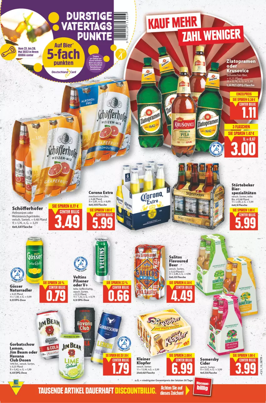 Aktueller Prospekt E Center - Angebote der Woche - von 23.05 bis 28.05.2022 - strona 14 - produkty: aldi, bier, bio, cider, corona, corona extra, coupon, deka, deutschland card, eis, ente, flasche, getränk, getränke, Gorbatschow, Hefe, hefeweizen, jim beam, pils, pilsener, premium pils, reis, somersby, Spezi, störtebeker, Ti, veltins, ZTE