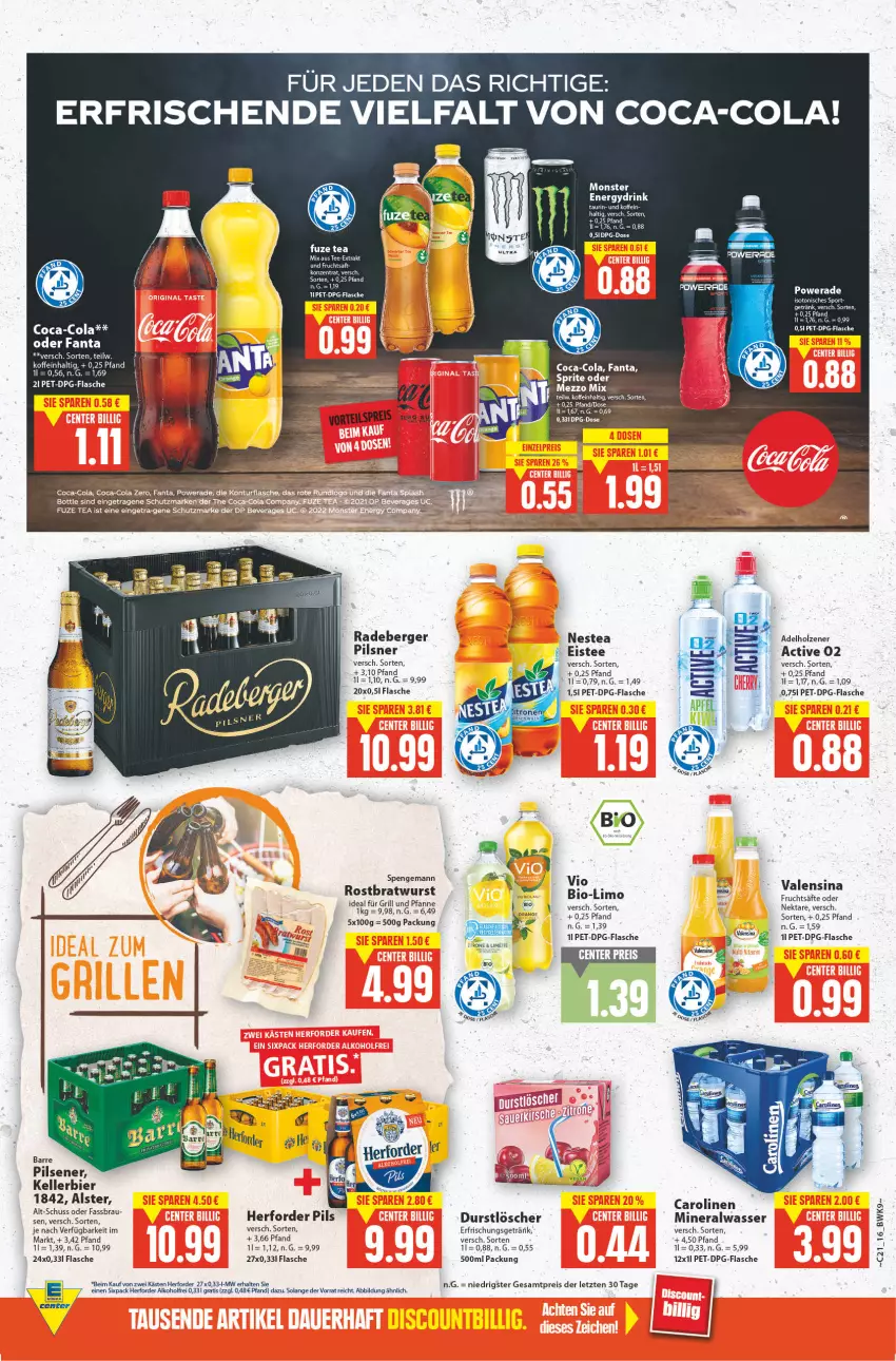 Aktueller Prospekt E Center - Angebote der Woche - von 23.05 bis 28.05.2022 - strona 15 - produkty: adelholzener, alkohol, Alwa, Berger, bier, bio, coca-cola, cola, durstlöscher, eis, eistee, elle, ente, fanta, flasche, frucht, fruchtsäfte, Holz, kellerbier, limo, Mezzo Mix, mineralwasser, monster, Nektar, Nestea, pils, pilsener, pilsner, radeberger, reis, säfte, Sport, sprite, tee, Ti, valensina, wasser, ZTE