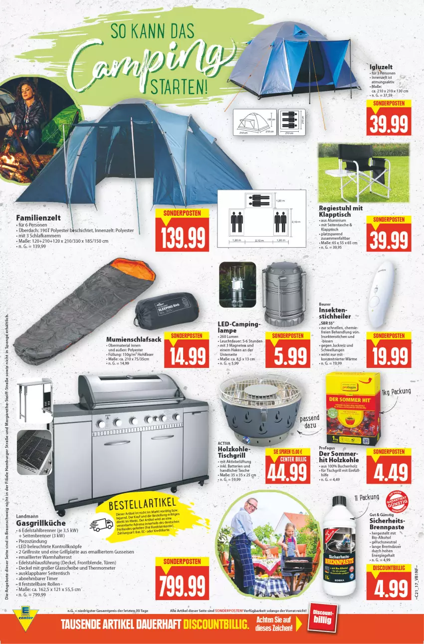 Aktueller Prospekt E Center - Angebote der Woche - von 23.05 bis 28.05.2022 - strona 17 - produkty: activa, alkohol, angebot, angebote, auer, batterie, batterien, beurer, bio, braun, Brennpaste, buch, burger, decke, Deckel, edelstahl, eis, elle, Familienzelt, gasgrill, grill, grillplatte, grillrost, hamburger, Holz, holzkohle, klapptisch, küche, Lampe, latte, Leuchte, LG, profagus, reis, Ria, rind, sac, schlafsack, sekt, stuhl, Tasche, thermometer, Ti, timer, tisch, tischgrill, Zelt, ZTE