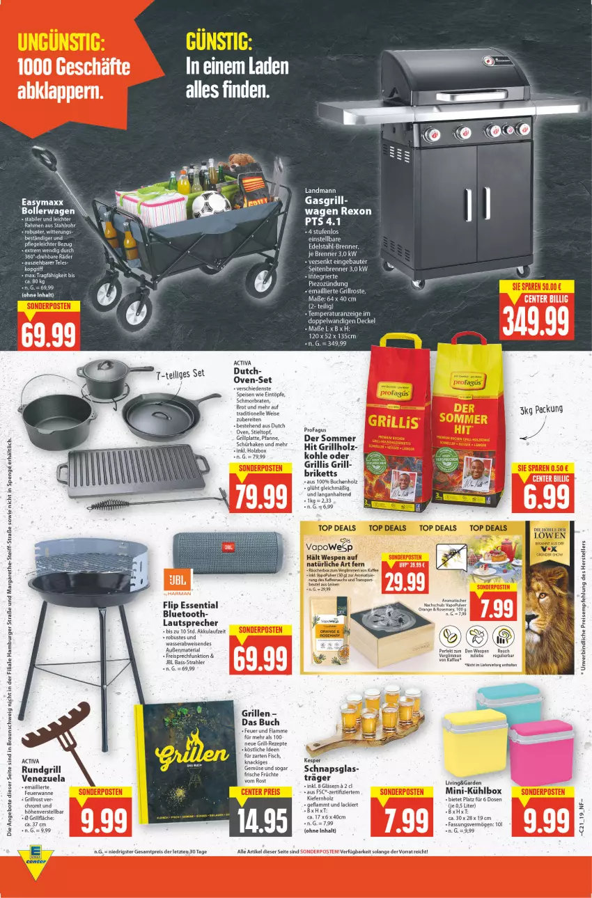 Aktueller Prospekt E Center - Angebote der Woche - von 23.05 bis 28.05.2022 - strona 19 - produkty: activa, akku, Bau, beutel, bollerwagen, braten, brot, buch, decke, Deckel, easymaxx, edelstahl, eintöpfe, eis, elle, erde, fisch, früchte, gasgrill, Gläser, grill, grillfläche, grillplatte, grillrost, harman, Holz, jbl, kaffee, kesper, lack, lamm, latte, lautsprecher, leine, orange, pfanne, profagus, Rauch, reis, rezept, rezepte, Ria, rum, rundgrill, schmorbraten, sonderposten, Sport, tee, teller, Ti, tisch, topf, Wanne, wasser, ZTE