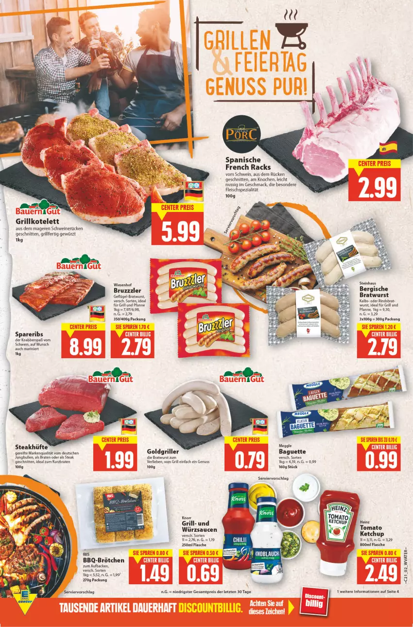 Aktueller Prospekt E Center - Angebote der Woche - von 23.05 bis 28.05.2022 - strona 2 - produkty: baguette, braten, bratwurst, brötchen, bruzzzler, eis, flasche, fleisch, für grill und pfanne, Geflügel, gewürz, grill, grill und pfanne, grillkotelett, heinz, ideal für grill, ideal für grill und pfanne, jungbullen, ketchup, knorr, kotelett, mac, meggle, nuss, pfanne, reis, rind, sauce, saucen, schnitten, schwein, schweine, schweinerücken, spareribs, Spezi, steak, steakhüfte, steinhaus, Ti, tomato ketchup, und pfanne, wein, weine, wiesenhof, wurst, würzsauce, würzsaucen, ZTE