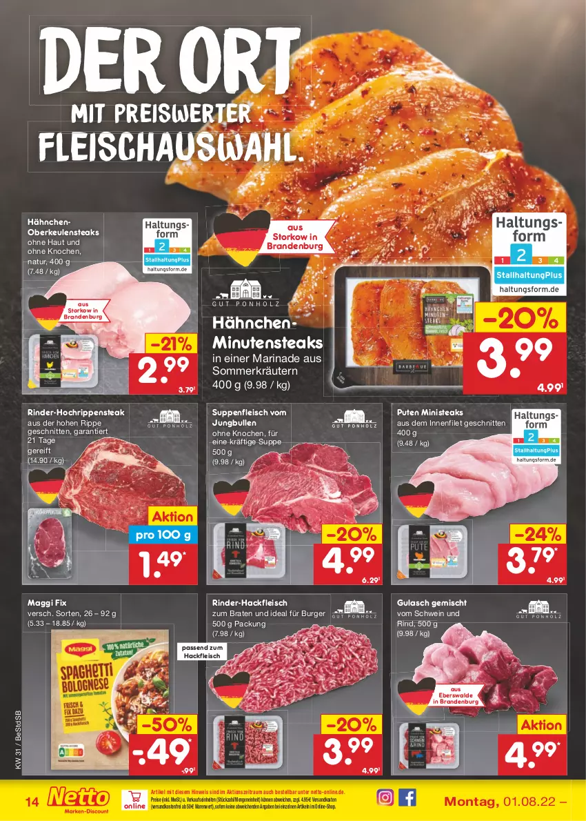 Aktueller Prospekt Netto Marken-Discount - Filial-Angebote - von 01.08 bis 06.08.2022 - strona 14 - produkty: braten, burger, eis, filet, fleisch, gulasch, hackfleisch, jungbullen, kräuter, kräutern, maggi, maggi fix, marinade, minutensteaks, natur, ndk, pute, reis, rind, rinder, rinder-hackfleisch, Rippen, schnitten, schwein, schwein und rind, steak, steaks, suppe, suppen, suppenfleisch, Ti, versandkostenfrei, vom schwein und rind, wein