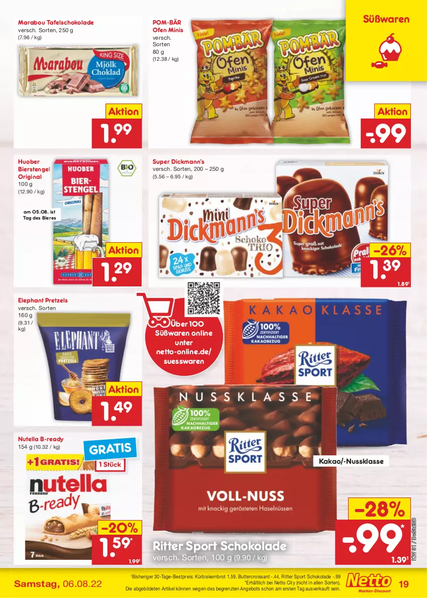 Aktueller Prospekt Netto Marken-Discount - Filial-Angebote - von 01.08 bis 06.08.2022 - strona 19 - produkty: angebot, bestpreis, bier, Biere, brot, butter, Croissant, eis, Engel, gin, huober, kakao, Kürbis, Marabou, nuss, nutella, Ofen, pom-bär, Pretzel, reis, ritter, ritter sport, schoko, schokolade, Sport, tafelschokolade, Ti, ZTE