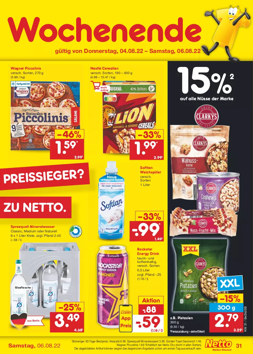 Aktueller Prospekt Netto Marken-Discount - Filial-Angebote - von 01.08 bis 06.08.2022 - strona 31 - produkty: Alwa, angebot, bestpreis, cerealien, drink, eis, energy drink, flasche, glasflasche, golden toast, mineralwasser, Mineralwasser Classic, natur, Nescafé, nestlé, piccolinis, pistazien, reis, reiss, rel, Rockstar, sandwich, Softlan, Spreequell, Ti, toast, wagner, wasser, weichspüler, ZTE