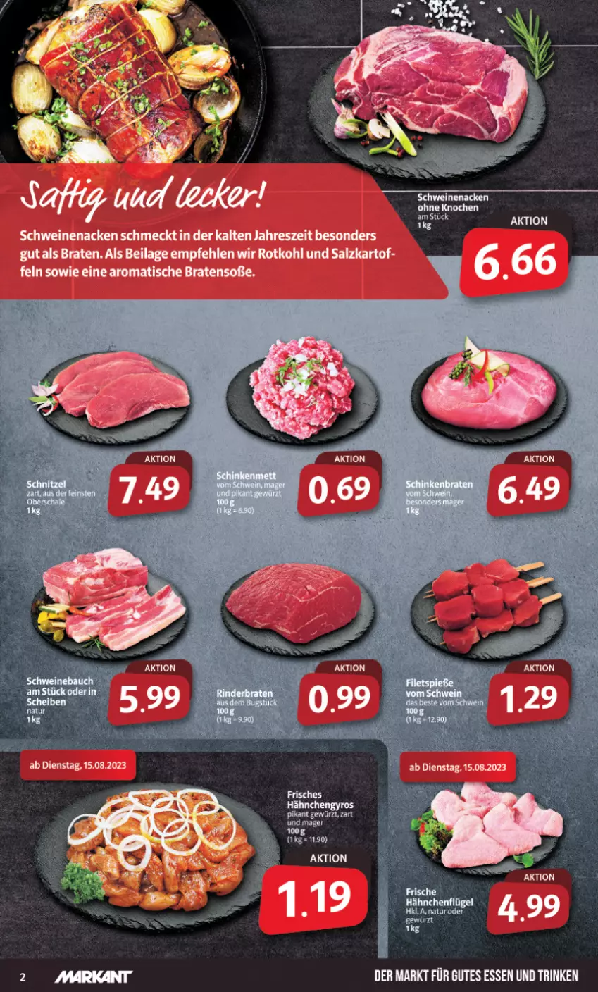 Aktueller Prospekt Markant - Prospekte - von 14.08 bis 19.08.2023 - strona 2 - produkty: braten, gewürz, gutes essen, ilag, rotkohl, salz, schwein, schweine, schweinenacken, Soße, Ti, tisch, wein, weine