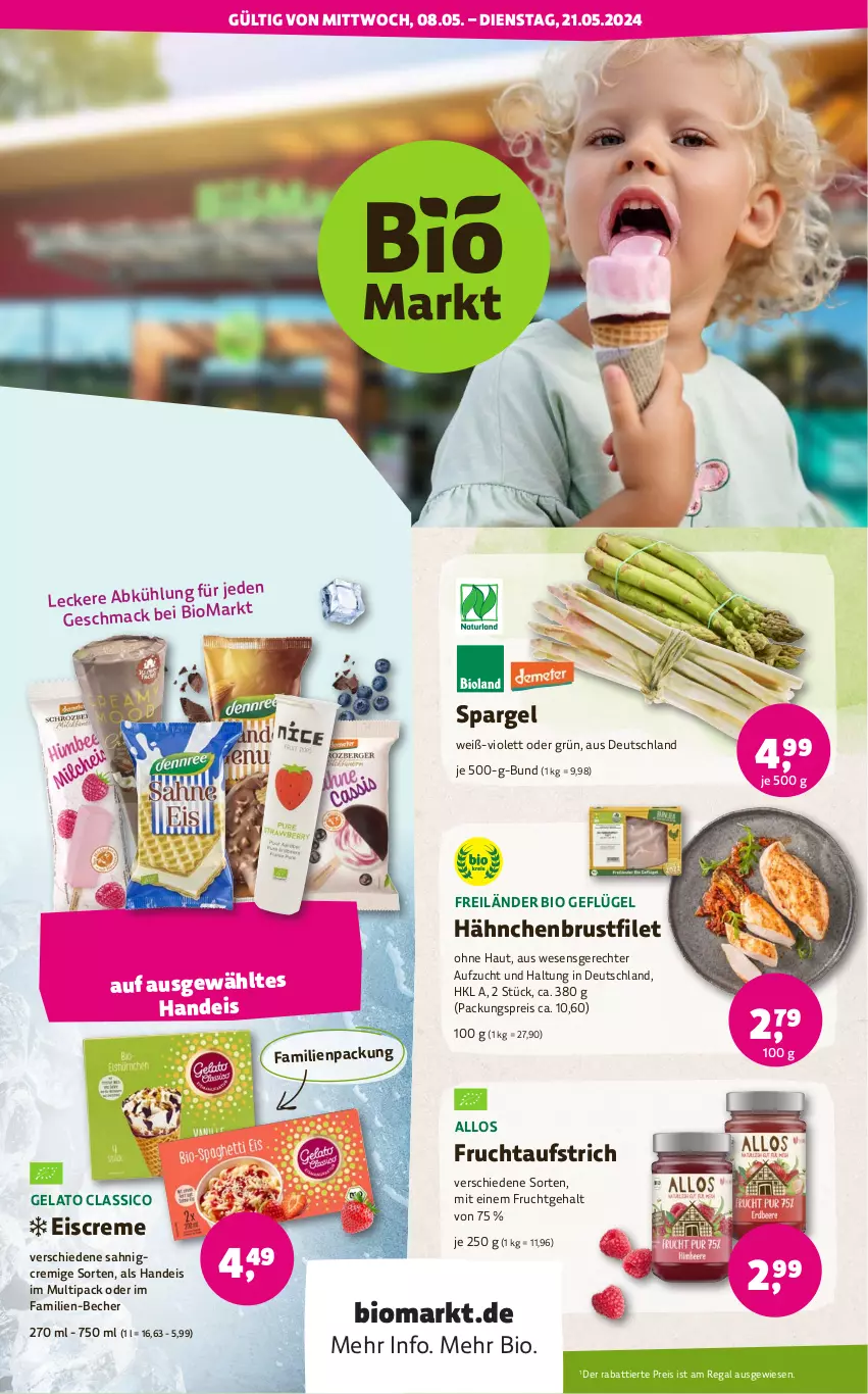 Aktueller Prospekt Denns Biomarkt - von 08.05 bis 21.05.2024 - strona 1 - produkty: aufstrich, Becher, bio, brustfilet, classico, creme, eis, eiscreme, filet, frucht, fruchtaufstrich, Geflügel, hähnchenbrust, hähnchenbrustfilet, mac, regal, reis, spargel, Ti