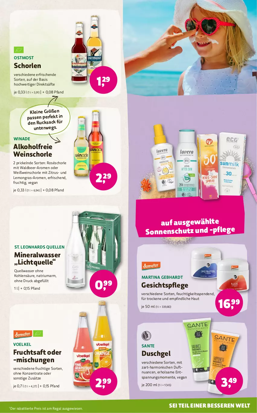 Aktueller Prospekt Denns Biomarkt - von 08.05 bis 21.05.2024 - strona 11 - produkty: alkohol, Alwa, duschgel, eis, elle, ente, frucht, fruchtsaft, gesichtspflege, leine, mineralwasser, Nuance, regal, reis, rucksack, rwe, sac, saft, säfte, SANTE, schorle, sonnenschutz, Ti, wasser, wein, weinschorle, Weißwein