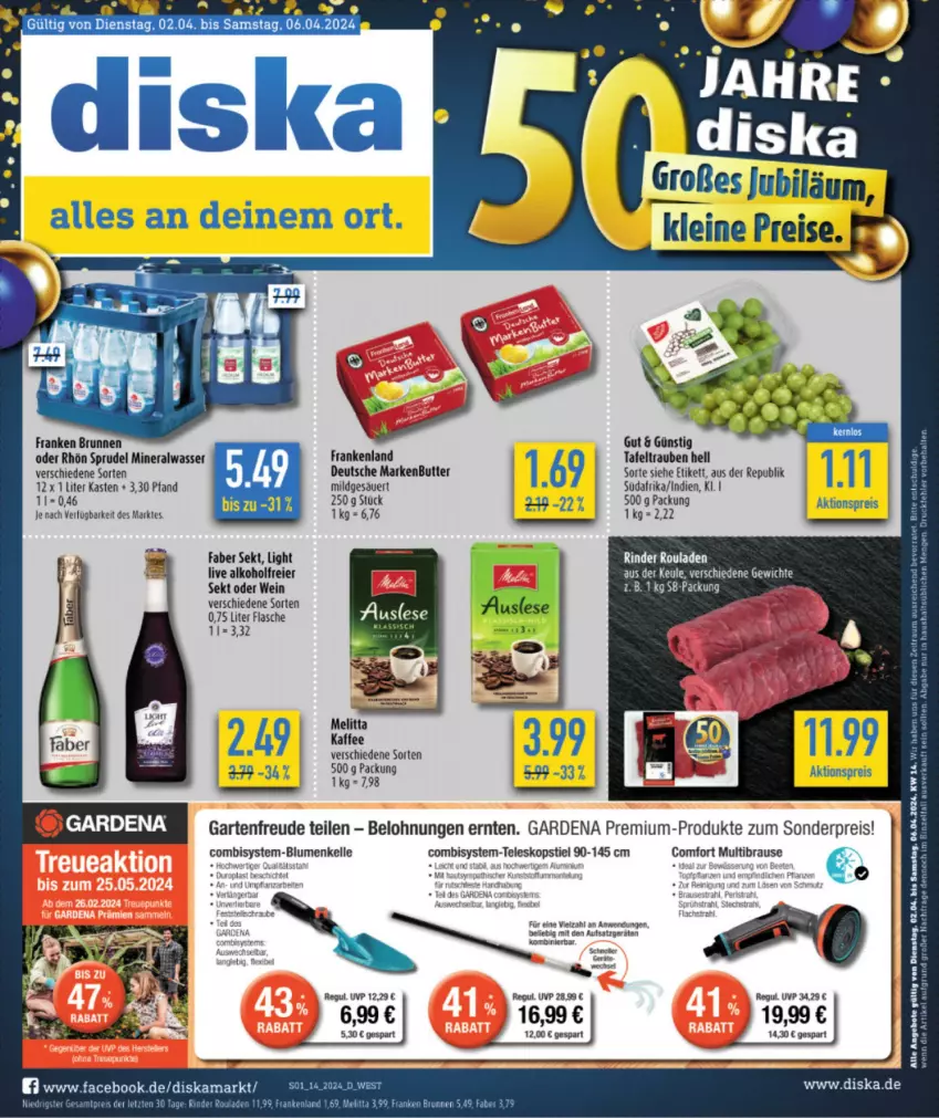 Aktueller Prospekt Diska - von 02.04 bis 06.04.2024 - strona 3 - produkty: aeg, aktionspreis, alkohol, Alwa, angebot, angebote, auer, blume, blumen, brause, brunnen, butter, eier, eis, elle, ente, erde, flasche, franken brunnen, gardena, Garten, markenbutter, mineralwasser, reis, rind, rinder, rouladen, sekt, Sprudel, tafeltrauben, Teleskop, teleskopstiel, Ti, trauben, wasser, wein, ZTE