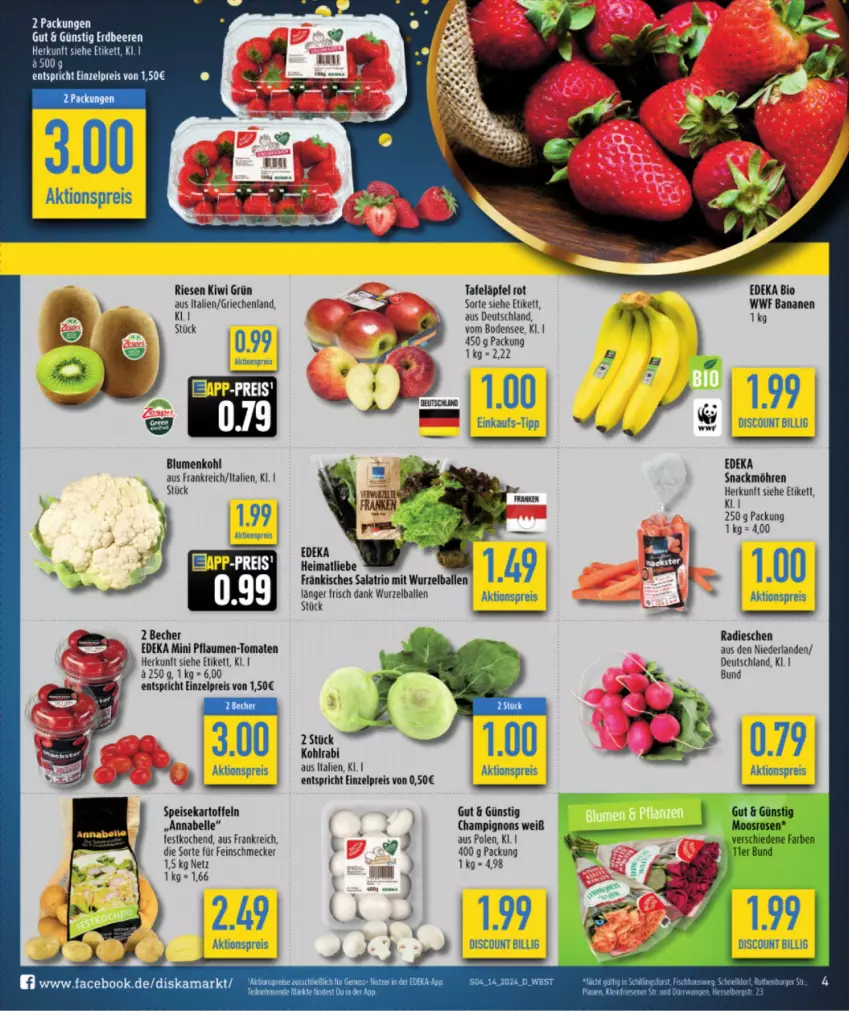 Aktueller Prospekt Diska - von 02.04 bis 06.04.2024 - strona 6 - produkty: aktionspreis, ball, banane, bananen, Becher, blume, blumen, blumenkohl, champignon, champignons, deka, discount, eis, elle, feinschmecker, kartoffel, kartoffeln, kiwi, kohlrabi, lion, möhren, pflaume, pflaumen, Pflaumen-Tomaten, radieschen, reis, rel, salat, snack, speisekartoffeln, tafeläpfel, Ti, tomate, tomaten