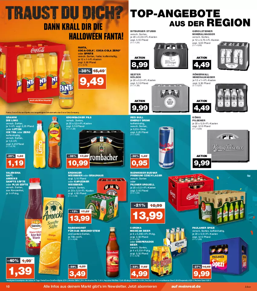 Aktueller Prospekt Real - von 16.10 bis 21.10.2023 - strona 10 - produkty: Alwa, amecke, angebot, angebote, bier, bitburger, budweiser, burger, coca-cola, cola, corona, desperados, drink, eis, energy drink, erdinger, fanta, gerolsteine, gerolsteiner, granini, granini die limo, ice tea, könig pilsener, krombache, krombacher, krombacher pils, limo, lipton, lipton ice tea, mineralwasser, oder sprite, Paula, paulaner, pils, pilsener, pilsner, pilsner urquell, red bull, reis, saft, säfte, Spezi, sprite, steiner, Ti, top-angebot, valensina, wasser, weissbier, ZTE