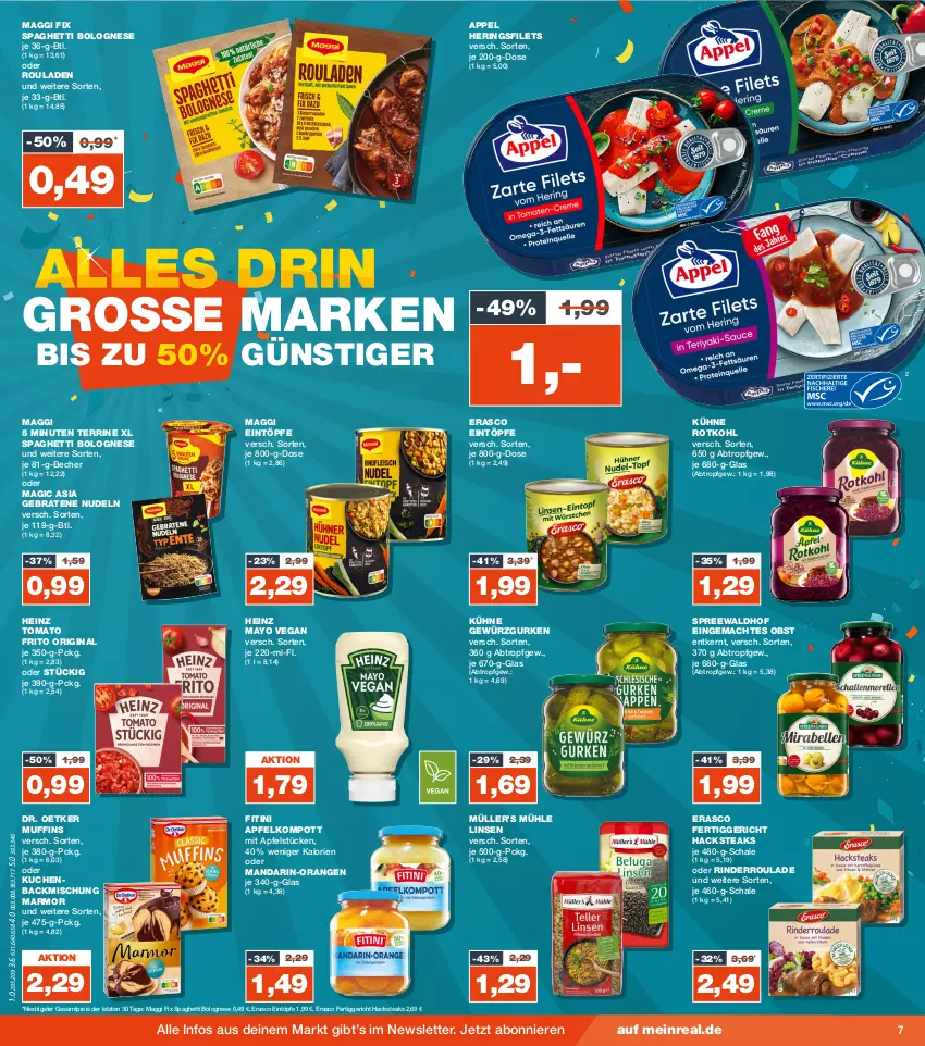 Aktueller Prospekt Real - von 16.10 bis 21.10.2023 - strona 7 - produkty: apfel, backmischung, Becher, bolognese, braten, coupon, coupons, Dr. Oetker, eintöpfe, eis, erasco, fertiggericht, filet, filets, gewürz, Gewürzgurke, gewürzgurken, gin, gurke, gurken, heinz, hering, Herings, heringsfilets, kuchen, Kühne, linsen, mac, maggi, maggi fix, mandarin-orangen, Muffin, muffins, Müller, nudel, nudeln, obst, orange, orangen, payback, reis, rind, rinder, Rinderroulade, ring, rotkohl, rouladen, Schal, Schale, spaghetti, spaghetti bolognese, spreewaldhof, steak, steaks, terrine, Ti, Yo, ZTE