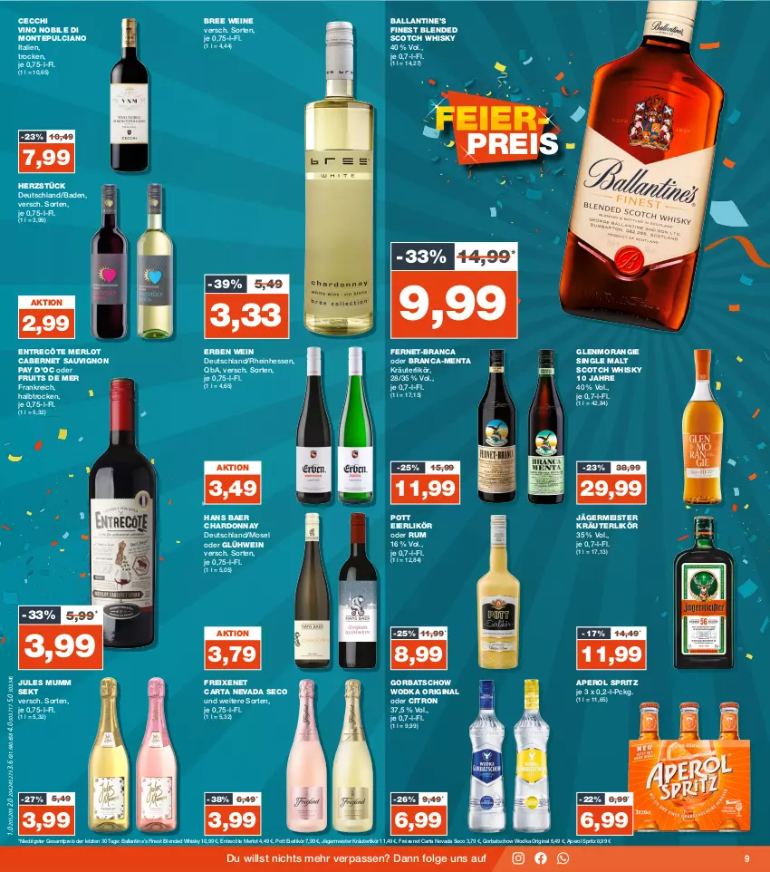 Aktueller Prospekt Real - von 16.10 bis 21.10.2023 - strona 9 - produkty: aperol, Bad, ball, blended scotch, blended scotch whisky, bree, cabernet, cabernet sauvignon, chardonnay, eier, eierlikör, eis, entrecôte, Fernet, freixenet, Germ, gin, Glühwein, Gorbatschow, gorbatschow wodka, jägermeister, jules mumm, kräuter, kräuterlikör, LG, likör, Meister, merl, merlot, monte, Montepulciano, mumm, reis, rum, sauvignon, scotch, scotch whisky, sekt, single malt, Ti, wein, weine, whisky, wodka, ZTE