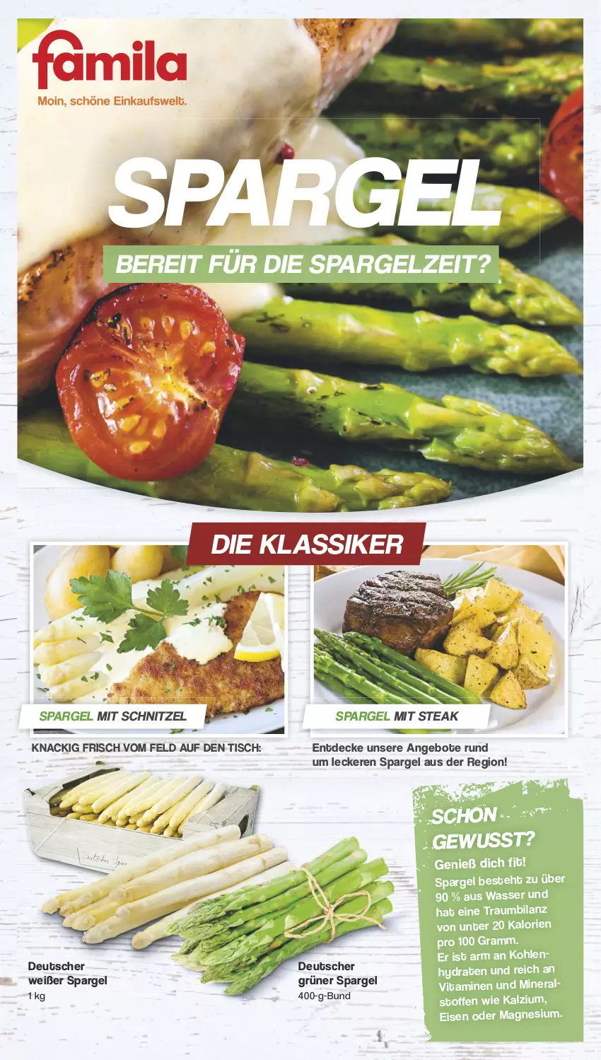 Aktueller Prospekt Famila - Prospekte - von 13.05 bis 18.05.2024 - strona 1 - produkty: angebot, angebote, decke, eis, grüner spargel, magnesium, schnitzel, spargel, steak, Ti, tisch, vita, Vitamine, wasser