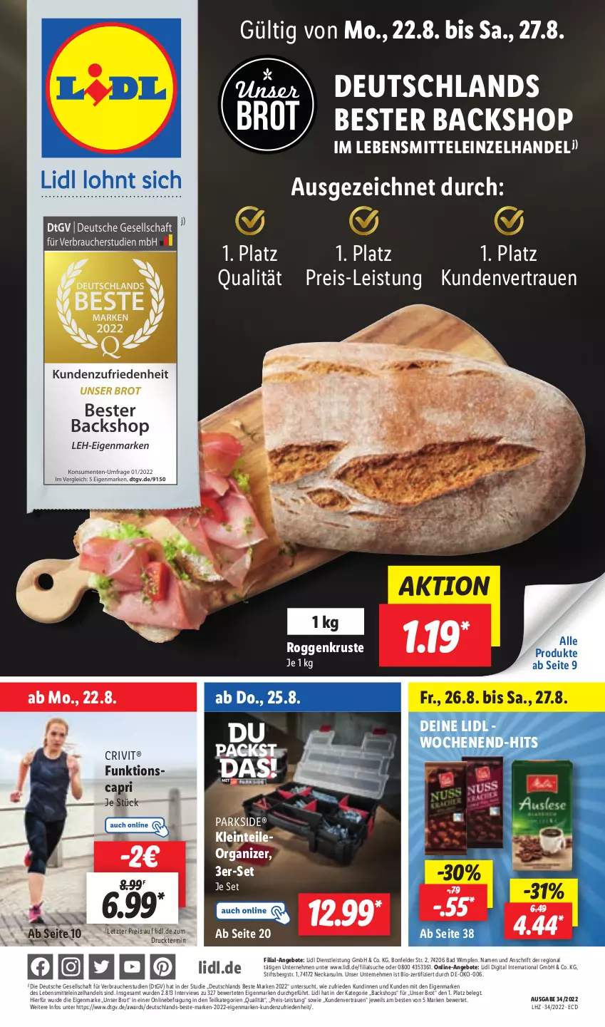 Aktueller Prospekt Lidl - Aktionsprospekt - von 22.08 bis 27.08.2022 - strona 1 - produkty: angebot, angebote, Bad, bio, brot, Cap, crivit, eis, lebensmittel, Parkside, Rauch, reis, Ti, ZTE