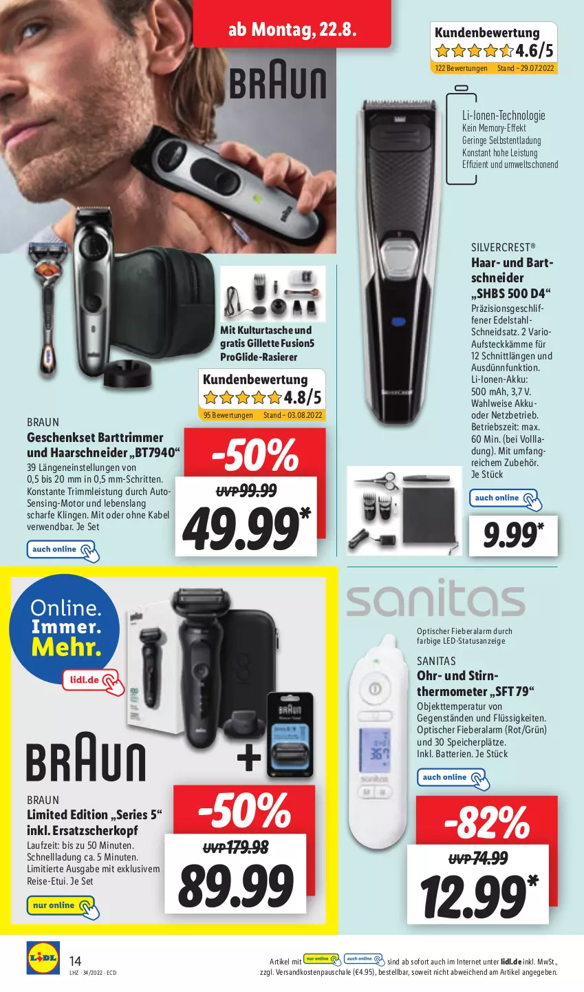 Aktueller Prospekt Lidl - Aktionsprospekt - von 22.08 bis 27.08.2022 - strona 14 - produkty: akku, auto, bartschneider, batterie, batterien, braun, edelstahl, eis, fusion5, geschenkset, gillette, haarschneider, ndk, rasierer, reis, ring, rwe, Schal, Schale, silvercrest, Tasche, thermometer, Ti, tisch