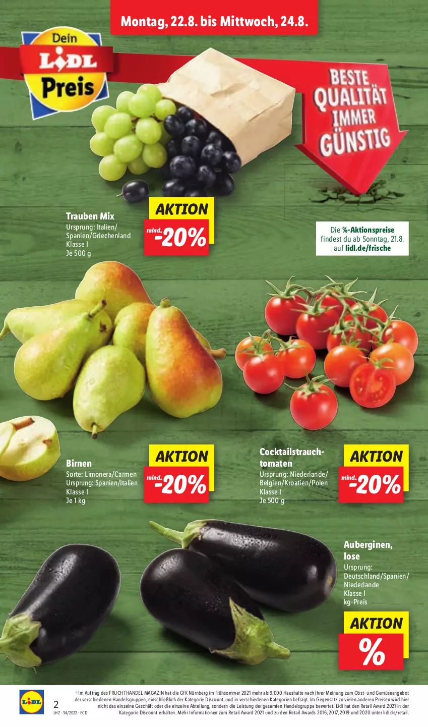 Aktueller Prospekt Lidl - Aktionsprospekt - von 22.08 bis 27.08.2022 - strona 2 - produkty: Abtei, aktionspreis, angebot, aubergine, auberginen, Birnen, cocktail, cocktails, discount, eis, frucht, gin, LG, limo, magazin, obst, Rauch, reis, strauchtomaten, Ti, tomate, tomaten, trauben, und gemüse