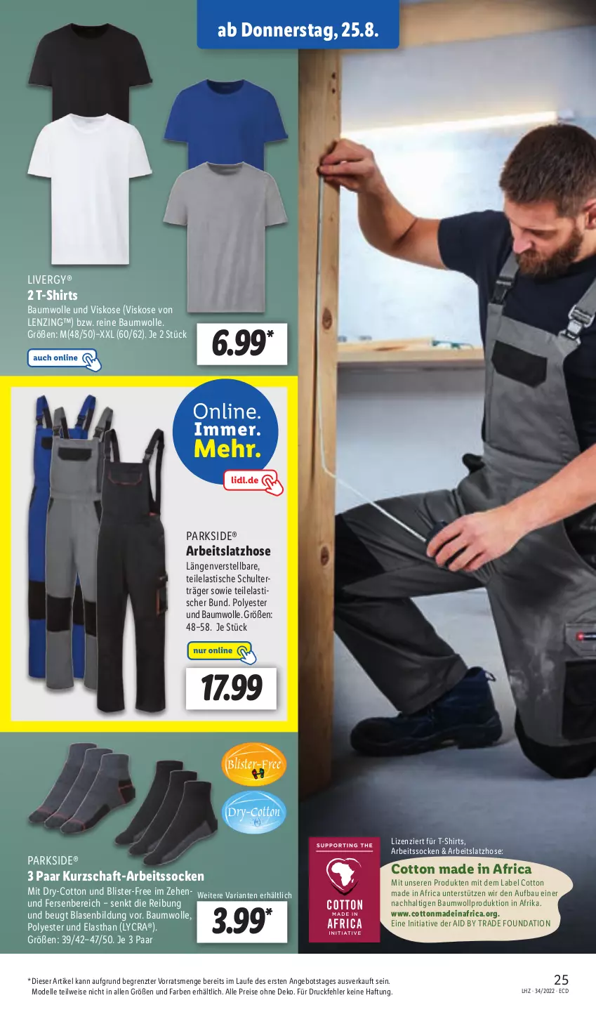 Aktueller Prospekt Lidl - Aktionsprospekt - von 22.08 bis 27.08.2022 - strona 25 - produkty: angebot, Arbeitssocken, asti, Bau, baumwolle, dell, eis, elle, hose, Latzhose, lenzing, livergy, Mode, Parkside, reine baumwolle, reis, Ria, shirt, shirts, socken, T-Shirt, Ti, tisch, wolle, ZTE