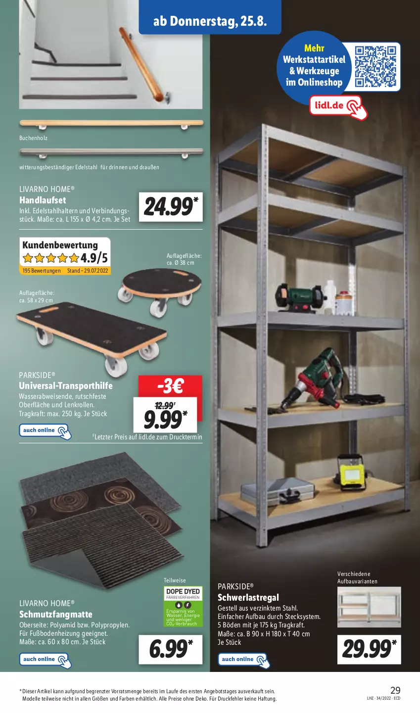 Aktueller Prospekt Lidl - Aktionsprospekt - von 22.08 bis 27.08.2022 - strona 29 - produkty: angebot, Bau, buch, dell, edelstahl, eis, elle, Holz, kraft, Mode, Parkside, regal, reis, Ria, schmutzfangmatte, schwerlastregal, Sport, Ti, wasser, werkzeug, werkzeuge, ZTE