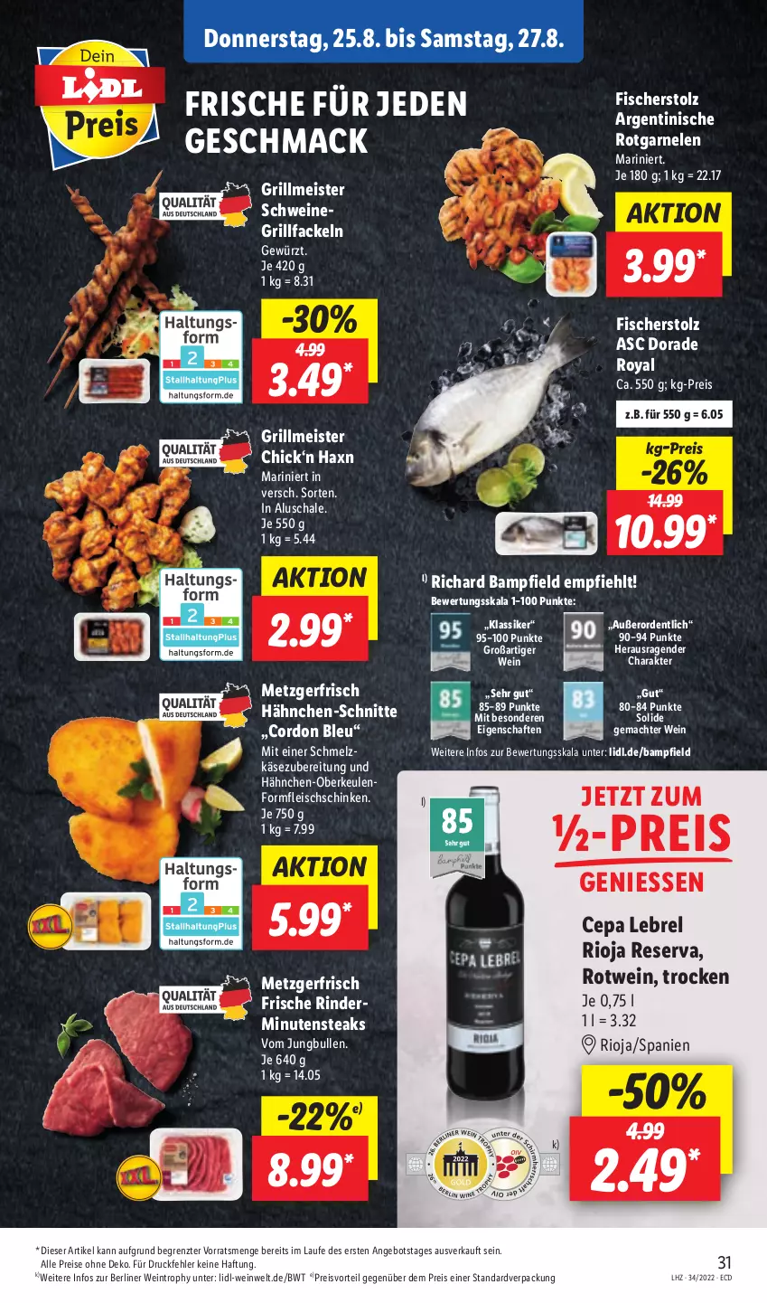 Aktueller Prospekt Lidl - Aktionsprospekt - von 22.08 bis 27.08.2022 - strona 31 - produkty: angebot, berliner, cordon bleu, Dorade, dorade royal, eis, fisch, fische, Fischer, fleisch, garnelen, gewürz, grill, grillfackeln, jungbullen, Käse, mac, Meister, minutensteaks, preisvorteil, reis, rel, rind, rinder, rioja, rotwein, Schal, Schale, schinken, schwein, schweine, steak, steaks, Ti, wein, weine, ZTE